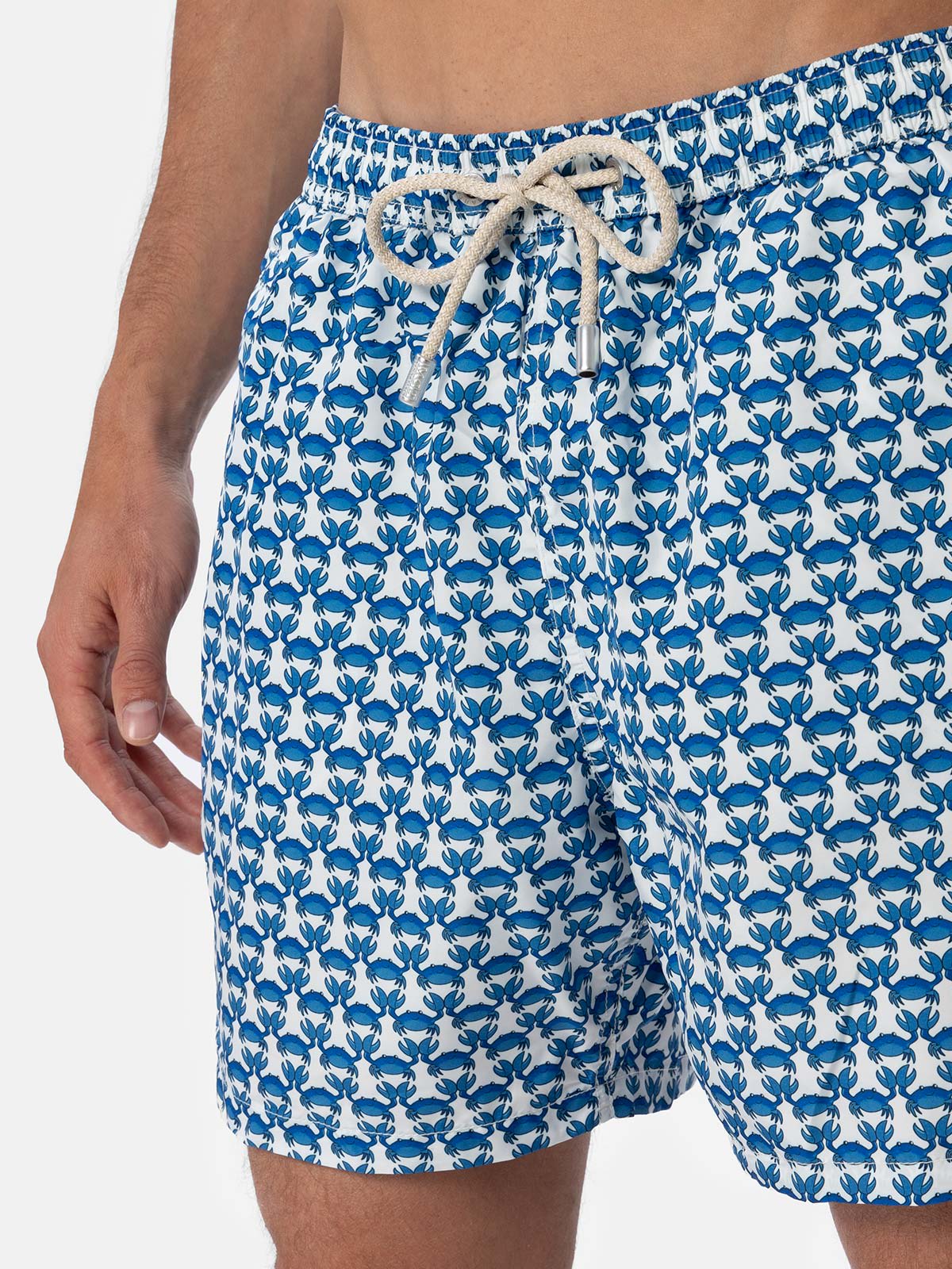 Mc2 Saint Barth Man Lightweight Fabric Swim-shorts Lighting Micro Fantasy With Crab Print In White