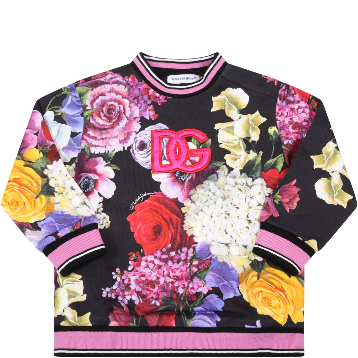 Dolce & Gabbana Black Sweatshirt For Baby Girl With Floral Print And Logo