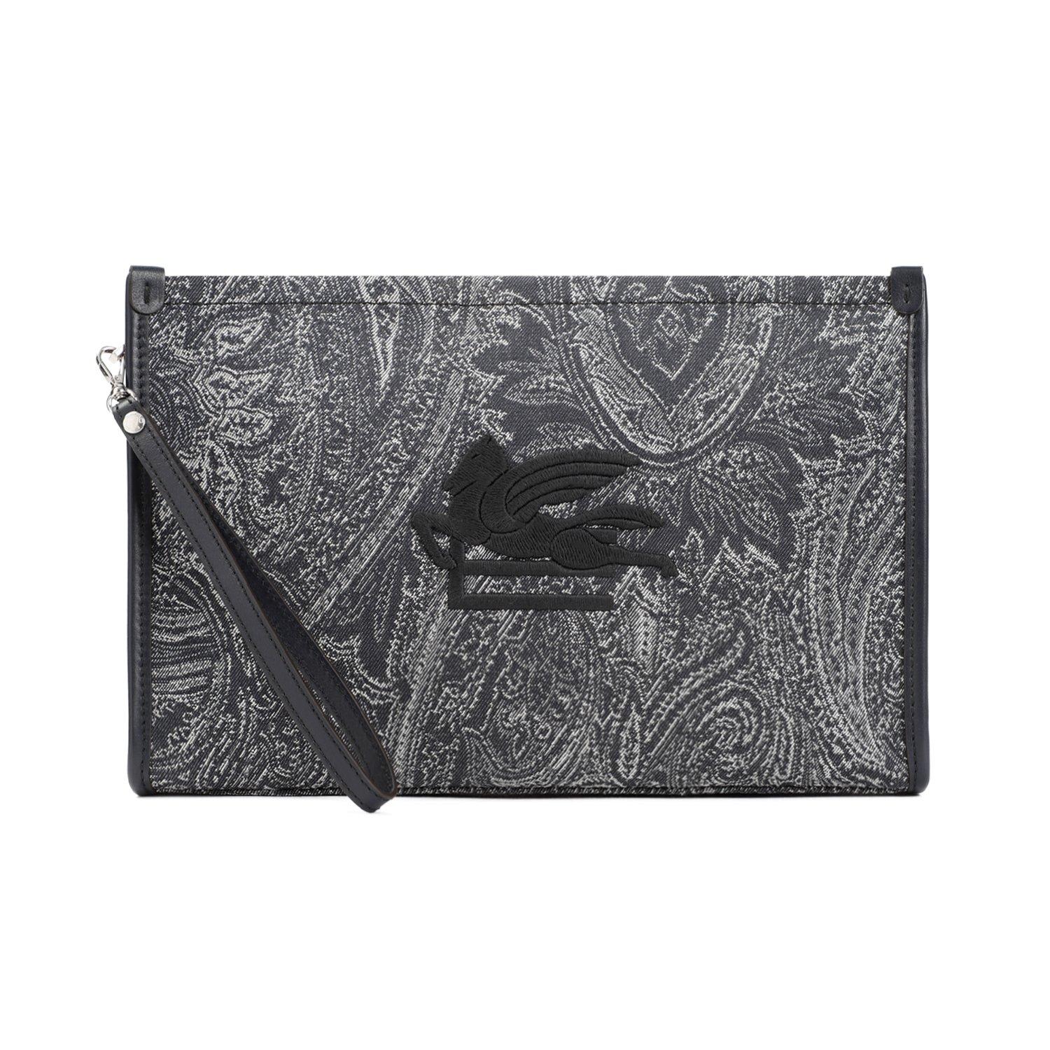Navy Blue Large Pouch With Paisley Jacquard Motif