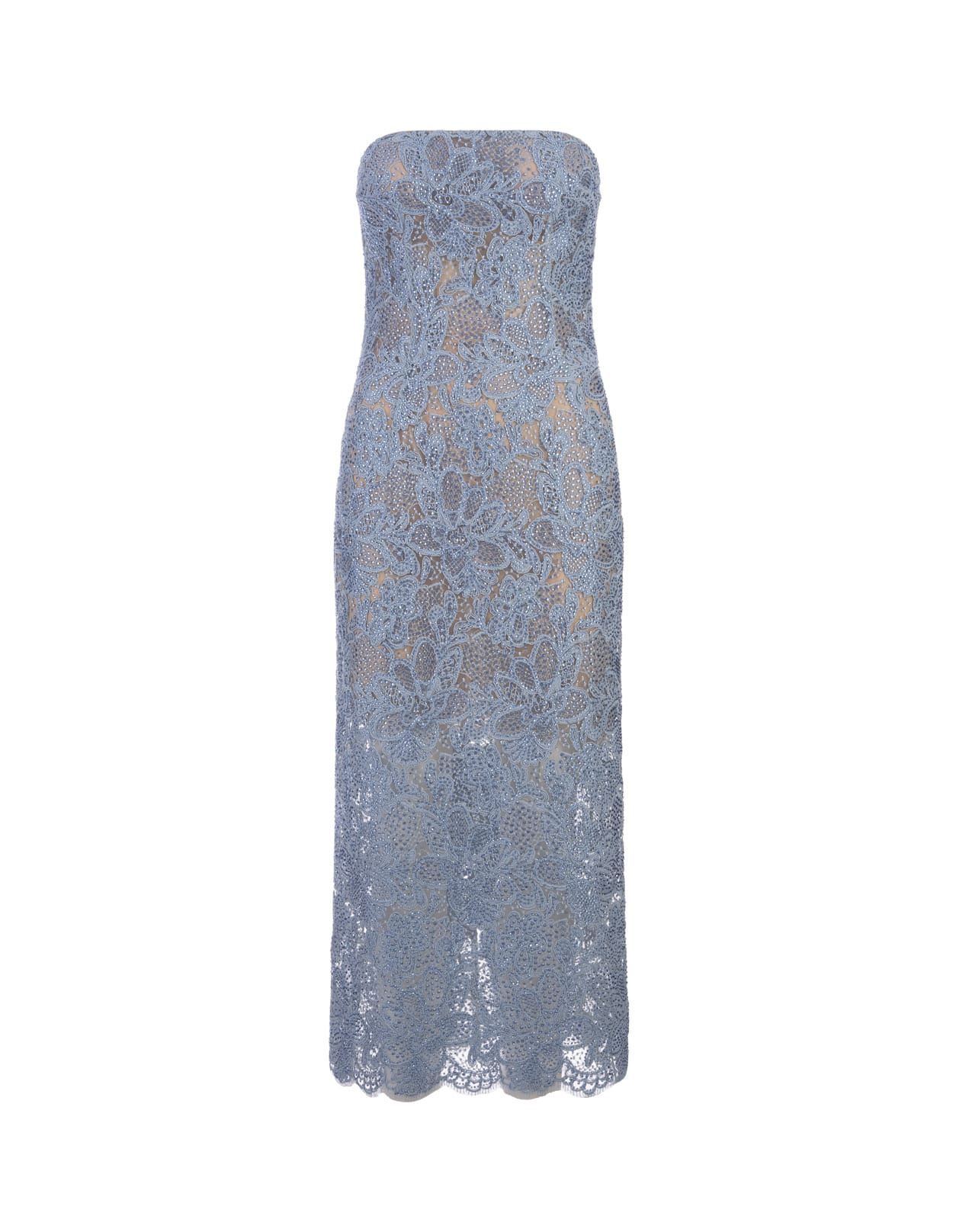 Midi Dress In Light Blue Lace With Crystals