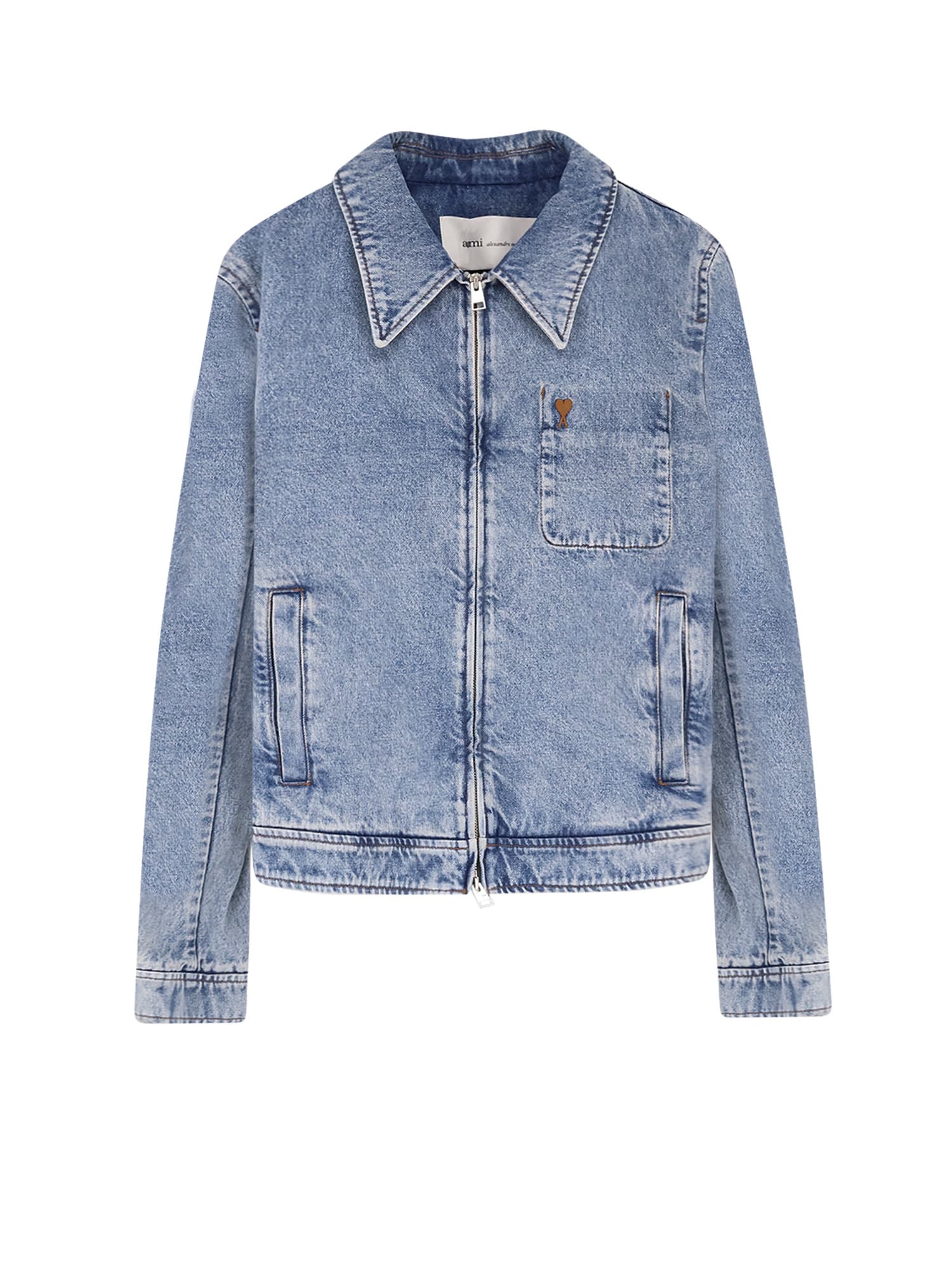 Ami Alexandre Mattiussi Denim Jacket With Iconic Logo On The Front Ami Alexandre Mattiussi Denim Jacket With Iconic Logo On The Front