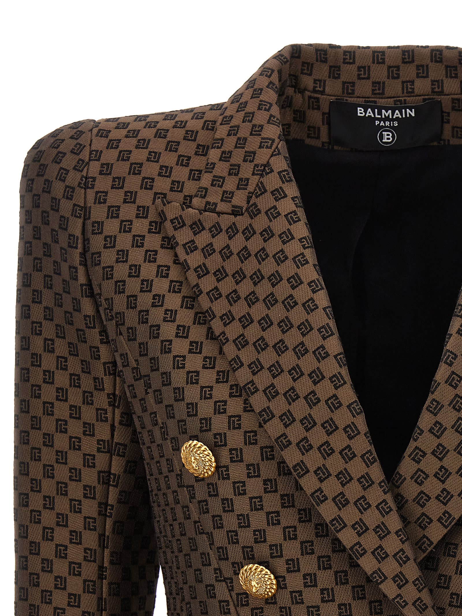Balmain 8-button Monogram Jacquard Blazer Jacket In Brown