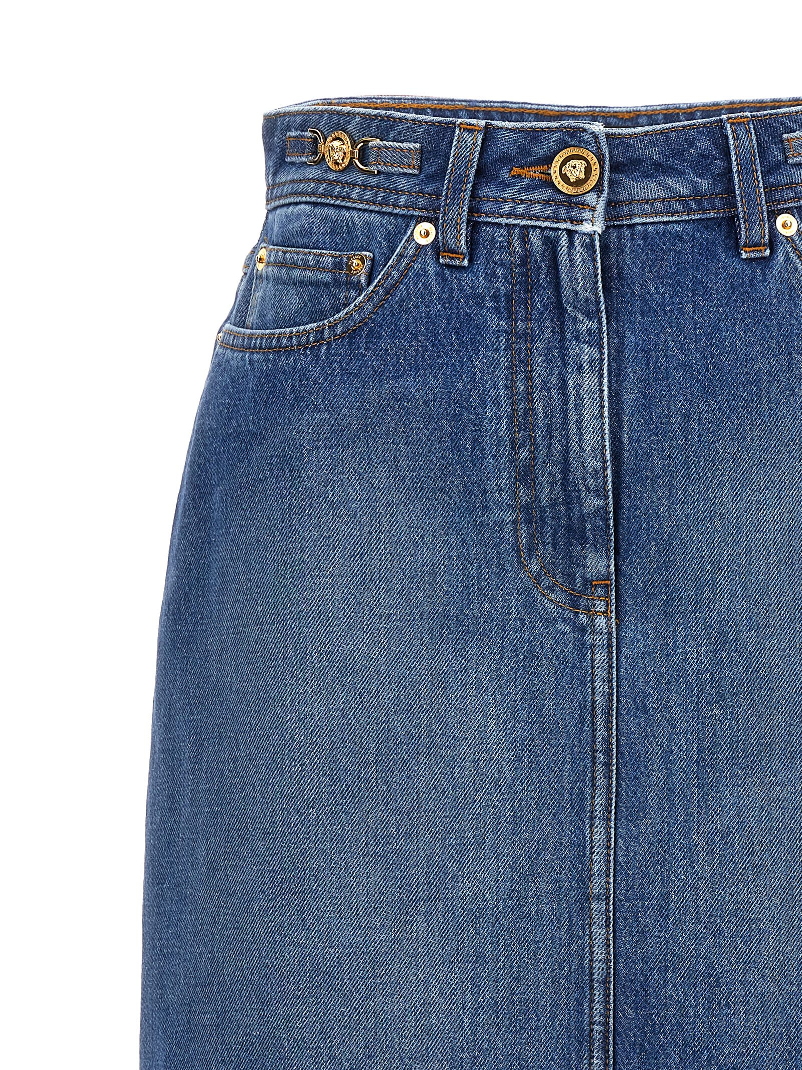 Shop Versace Medusa 95 Denim Skirt In Blue