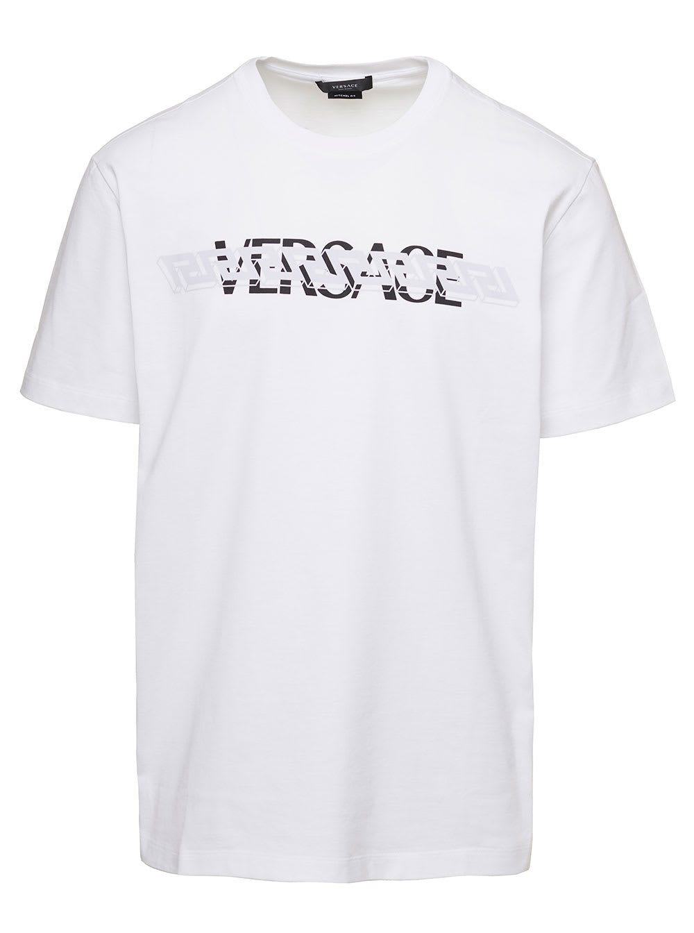 Versace White Crewneck T-shirt With Logo Print In Cotton Man