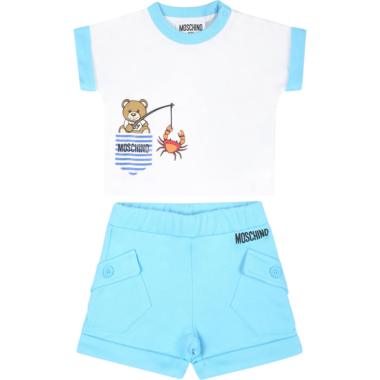 Shop Moschino Light Blue Suit For Baby Boy With Teddy Bear