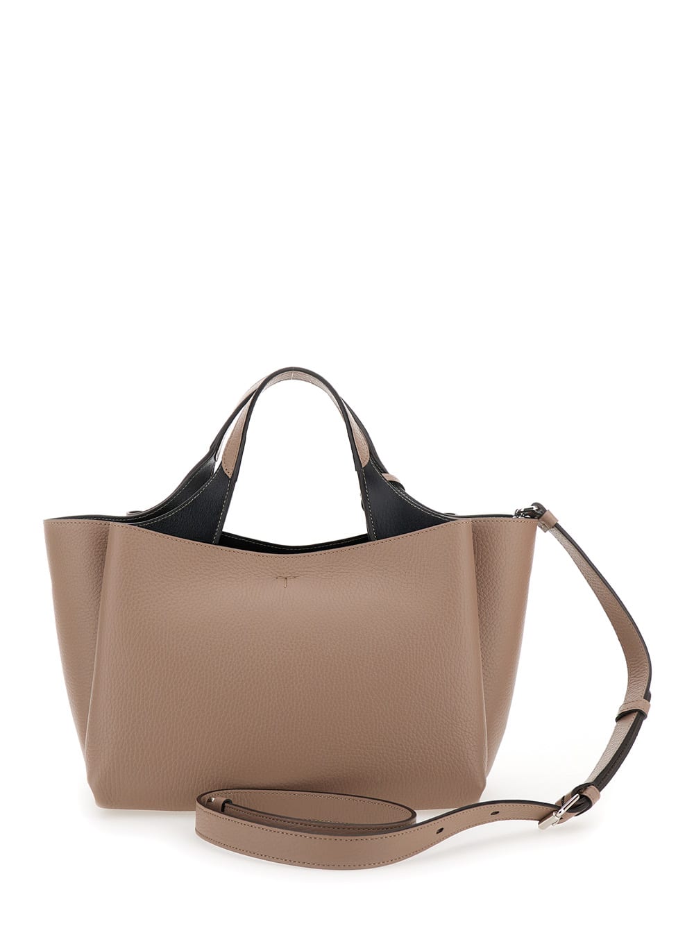 Shop Tod's Beige Handbag With Embossed Logo And T Timeless Charm In Grainy Leather Woman In Black