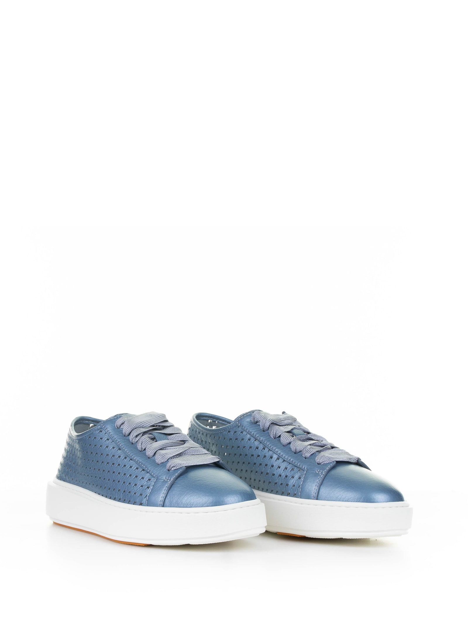 Shop Santoni Light Blue Sneaker In Laminated Perforated Leather