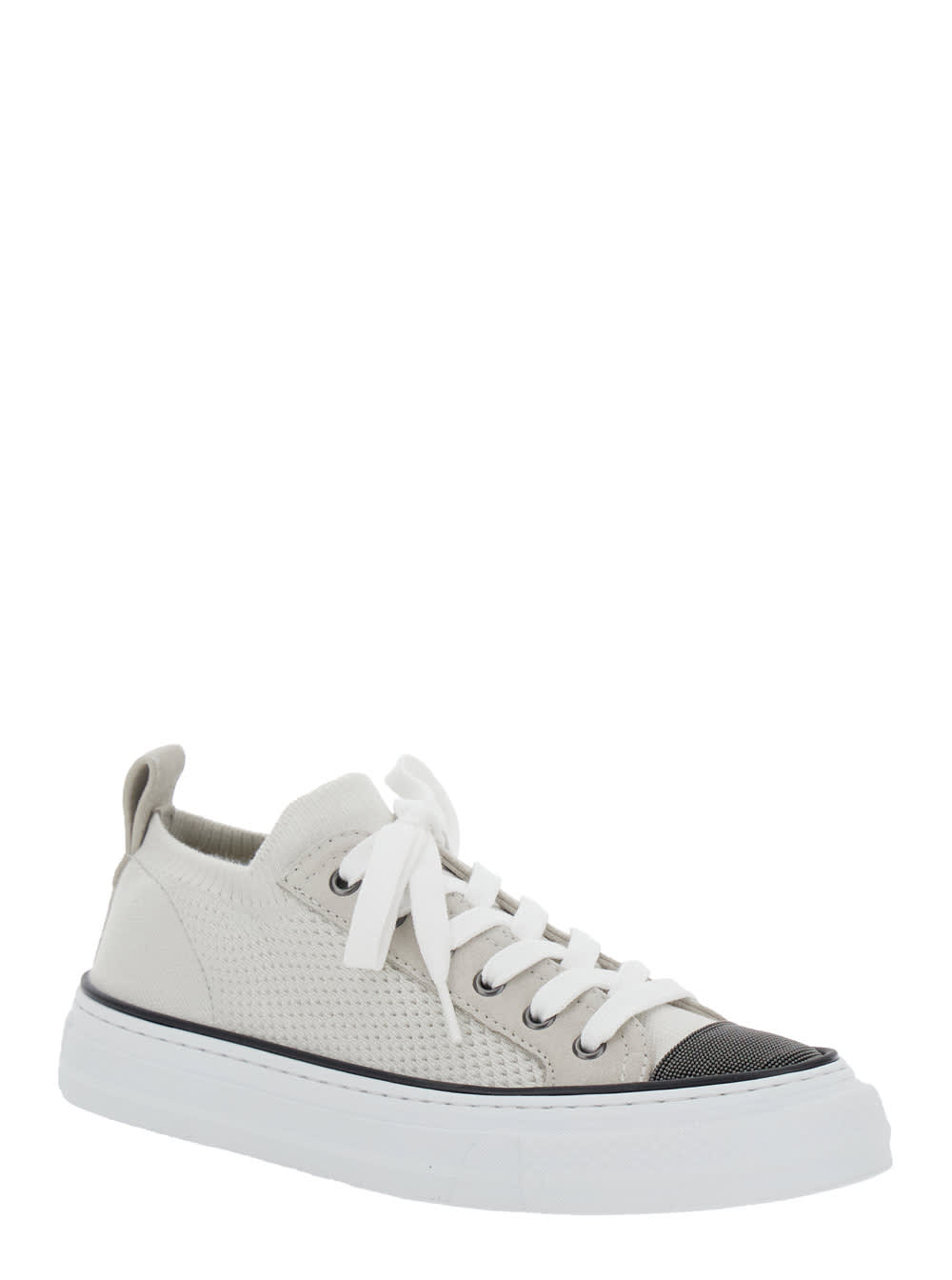 Brunello Cucinelli Low Top Sneaker With Tab On The Heel In Cotton Knit In White