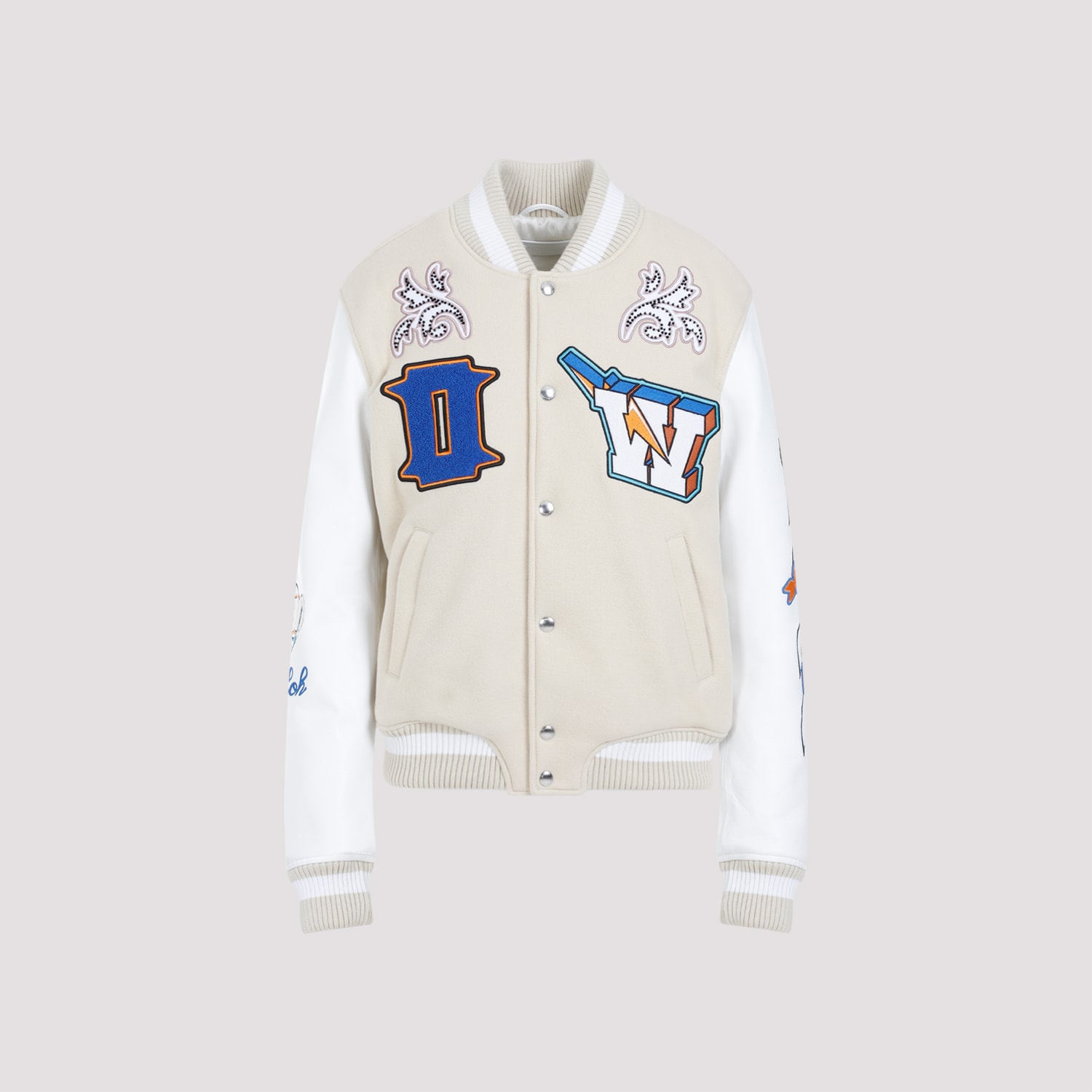 Shop Off-white Thunderbolt Varsity Bomber Jacket In Beige White