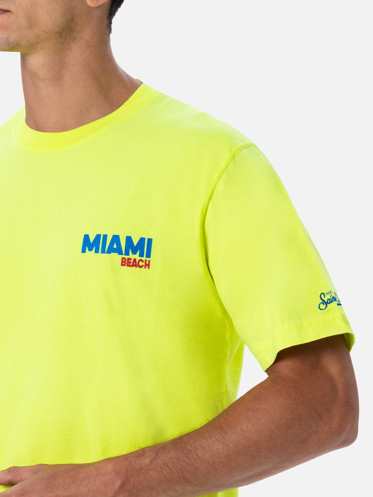 Shop Mc2 Saint Barth Man Cotton T-shirt With Miami Beach Postcard Placed Print In Yellow