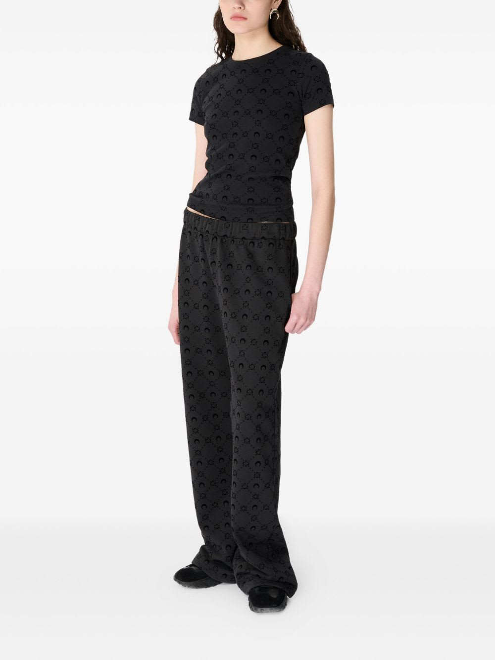 Marine Serre Moon Logo Patterned Crewneck Short Sleeve Top In Black