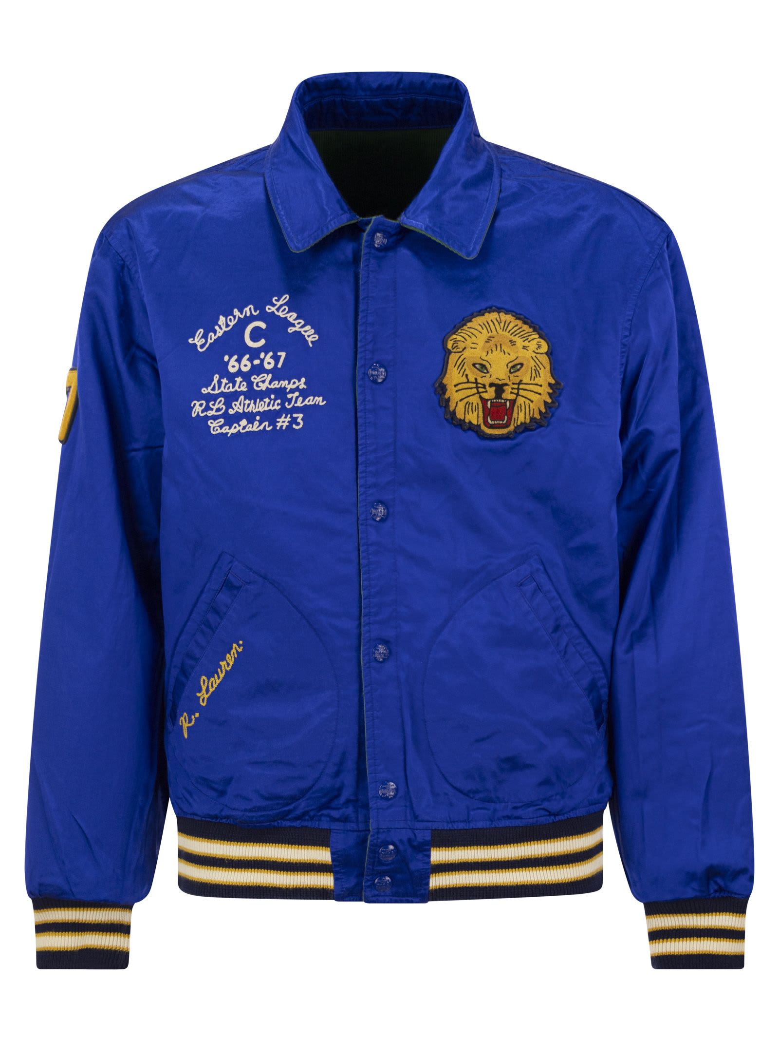 Shop Polo Ralph Lauren Reversible Letterman Jacket In Green/blue