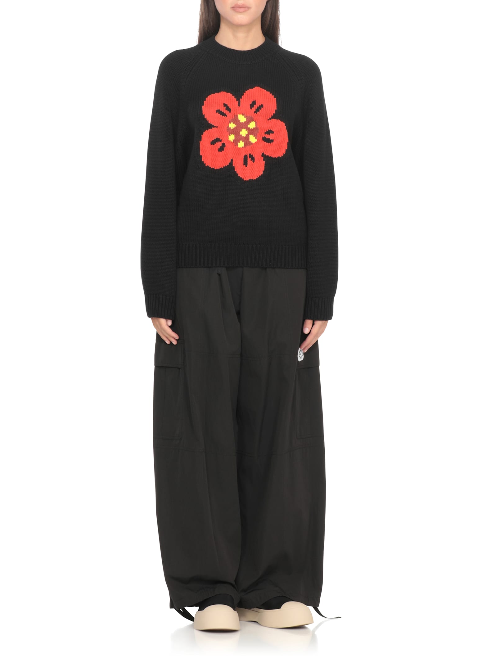 Kenzo Boke Flower Logo Sweater With Elastic Ribbed Trims In Black