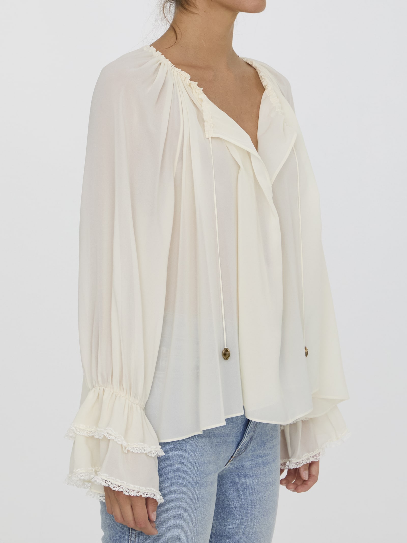 Shop Chloé Gathered Top In Silk In Ivory