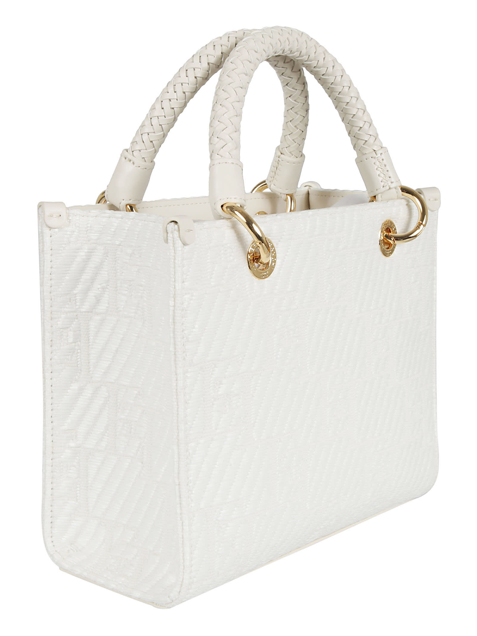 Shop Elisabetta Franchi Woven Top Handle Patterned Tote In Ivory