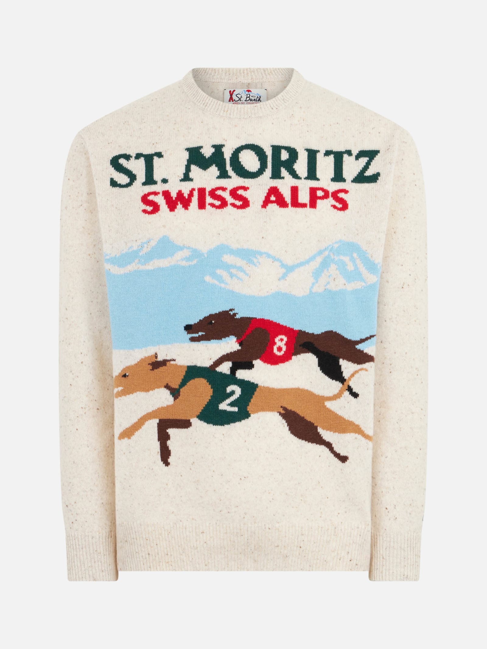 Shop Mc2 Saint Barth Man Crewneck Donegal Sweater With St. Moritz Polo Print In White