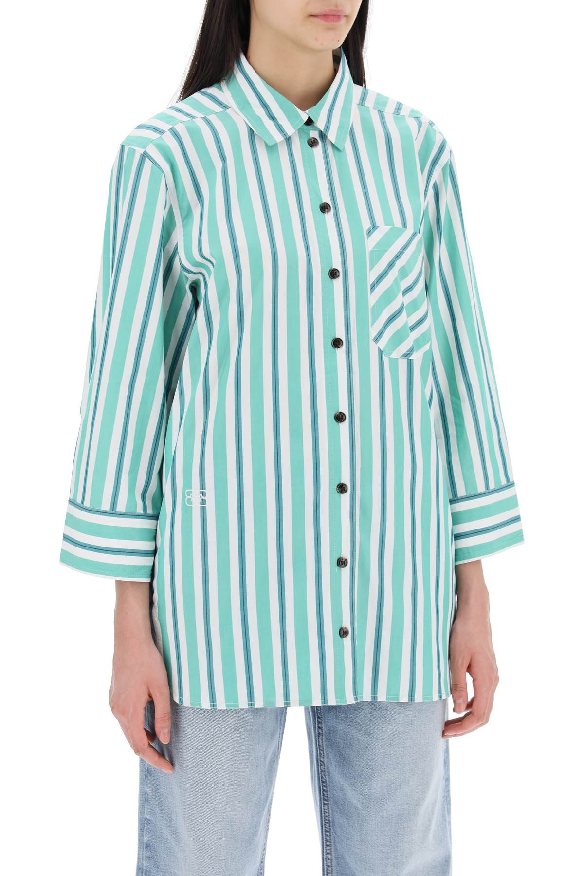 Shop Ganni Oversized Striped Poplin Shirt In Creme De Menthe (white)