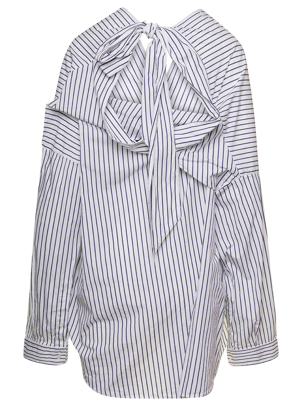 Shop Balenciaga White And Blue Striped Shirt With Bow Detail In Cotton Woman