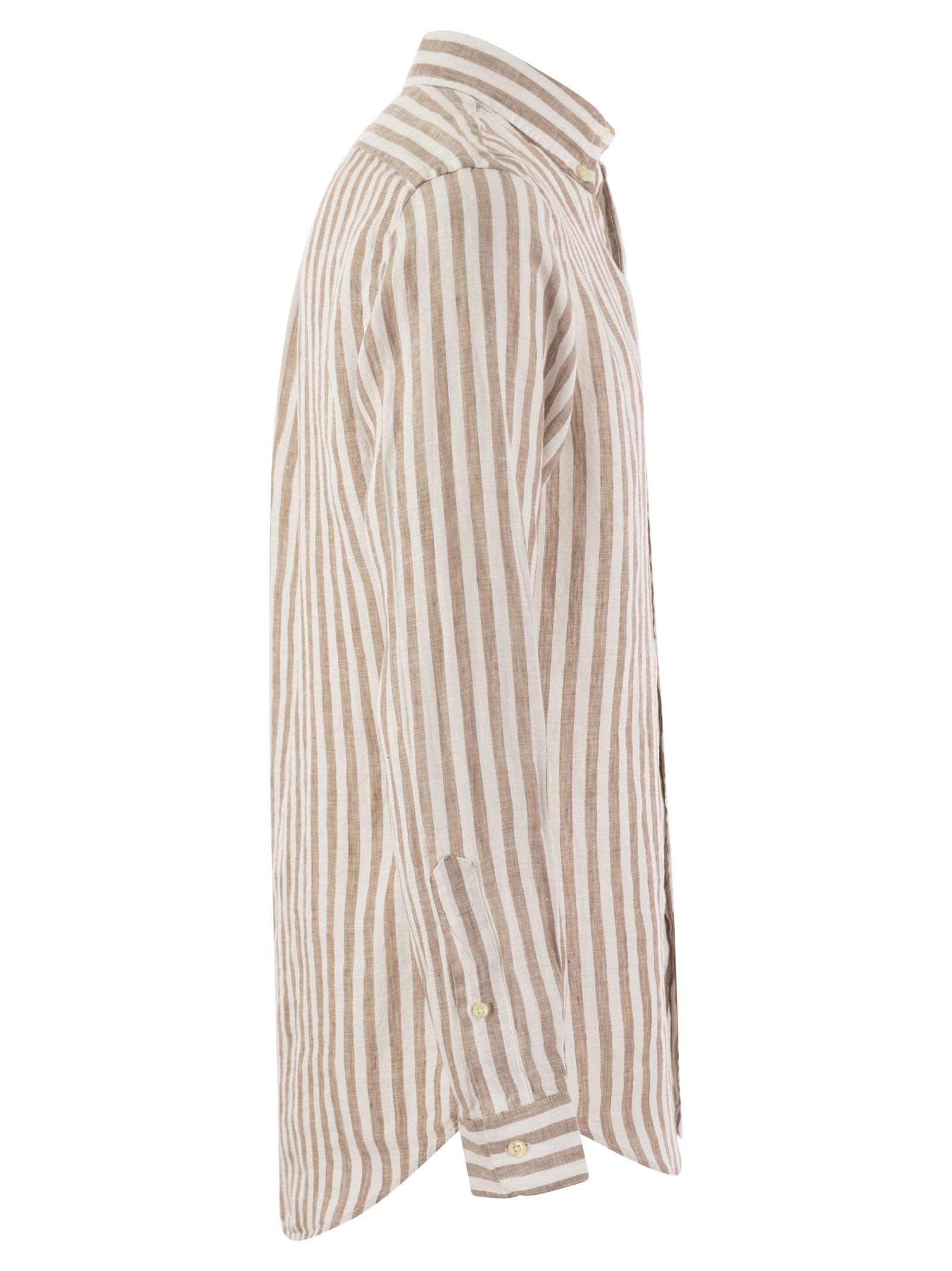 Shop Polo Ralph Lauren Custom-fit Striped Linen Shirt In Kaki/white