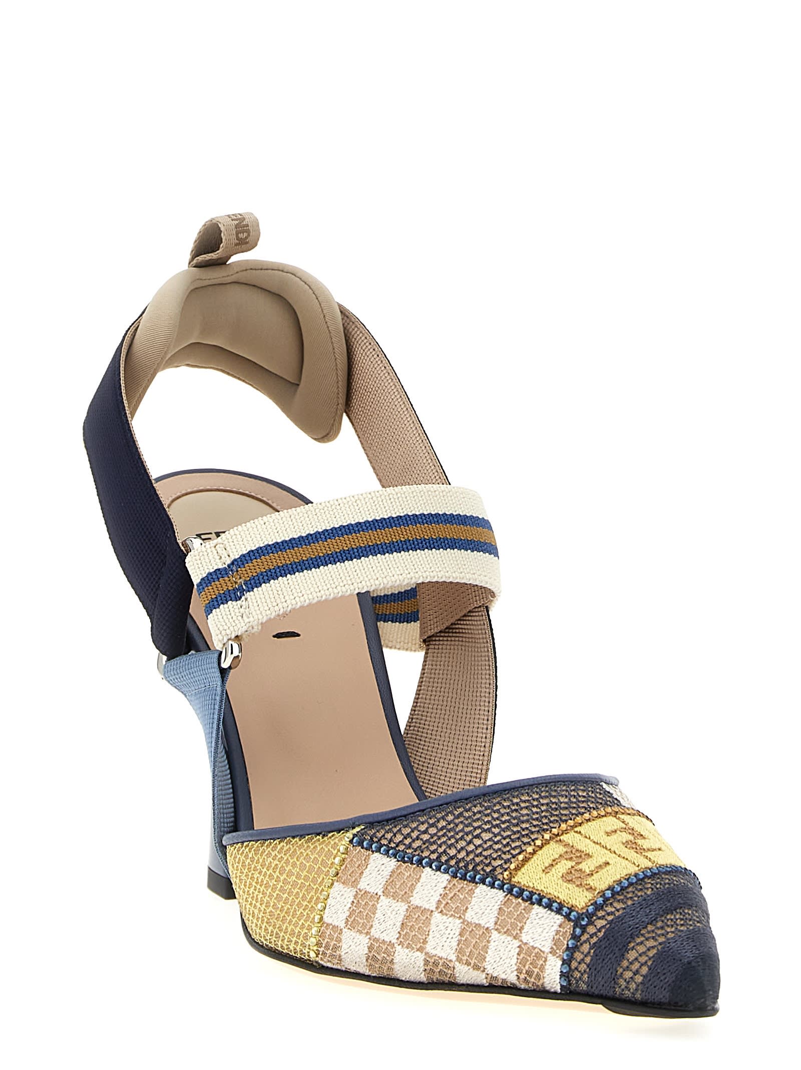 Fendi 'strappy Pointed Toe Pump With Patterned Design' In Blue