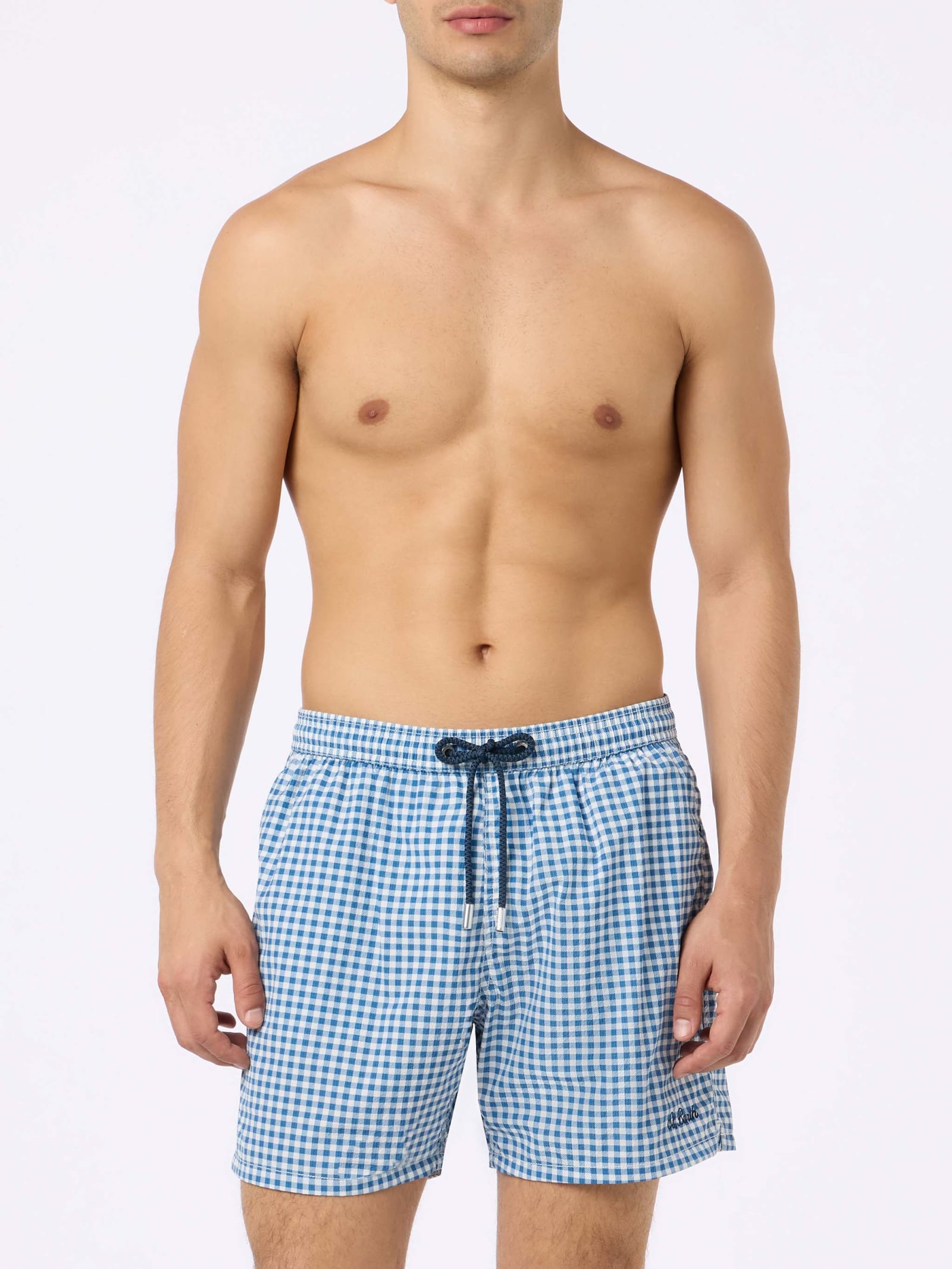 Mc2 Saint Barth Man Seersucker Gingham Swim Shorts Patmos In Blue