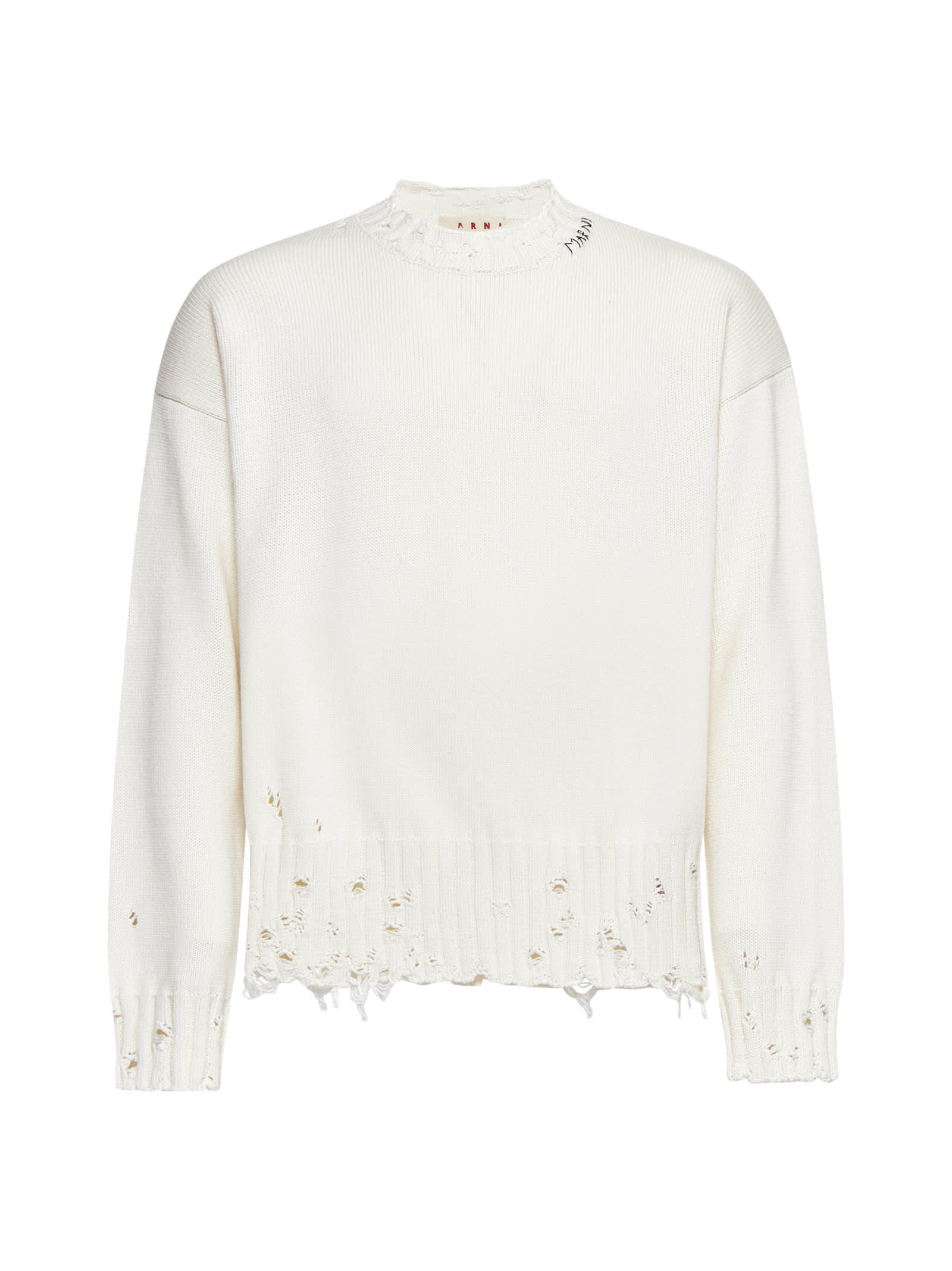 Shop Marni Distressed Crewneck Knitted Jumper In White