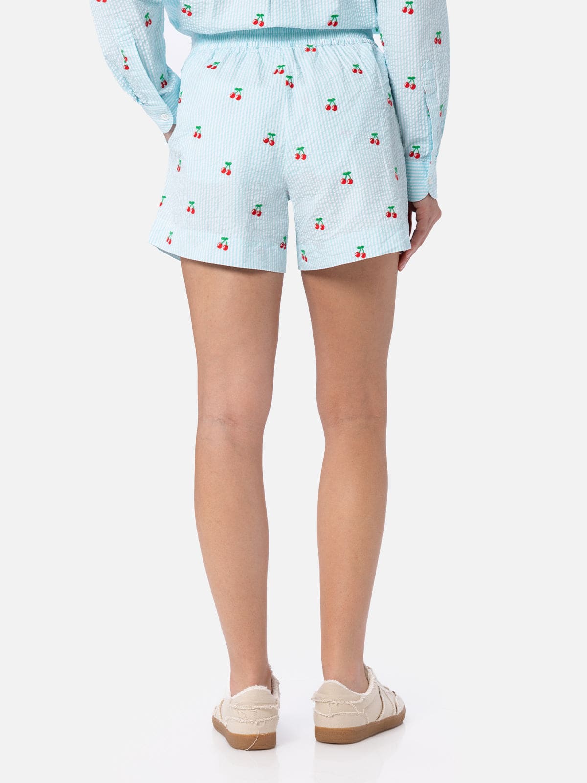 Mc2 Saint Barth Woman Seersucker Striped Pull Up Shorts Meave With Cherry Patches In Green