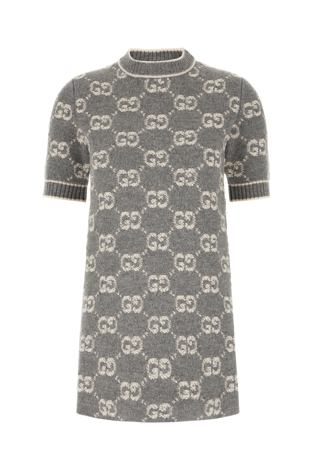 Shop Gucci Embroidered Wool Dress In Grey Ivory