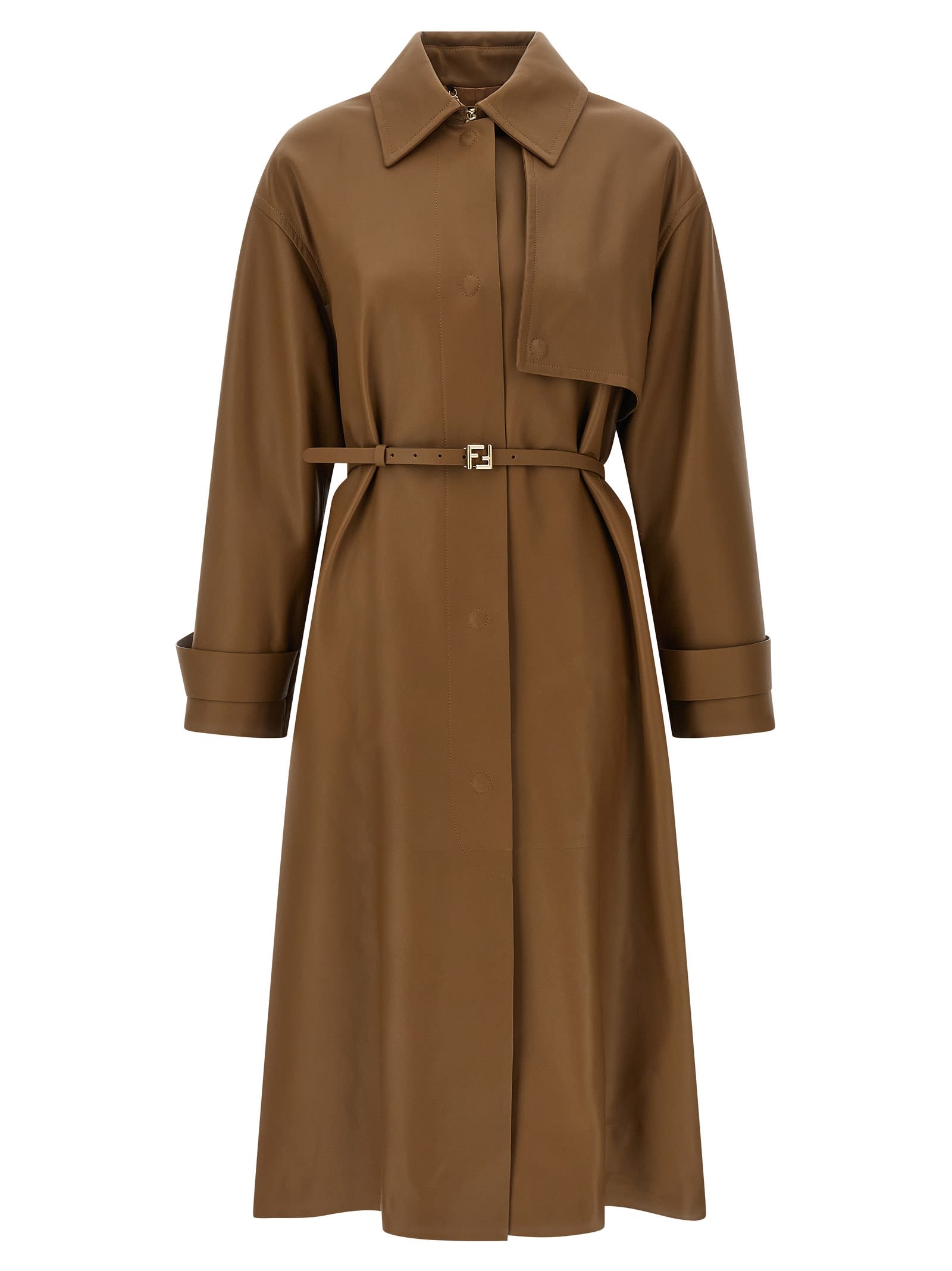 Fendi Long Belted Trench Coat With Pointed Collar In Brown