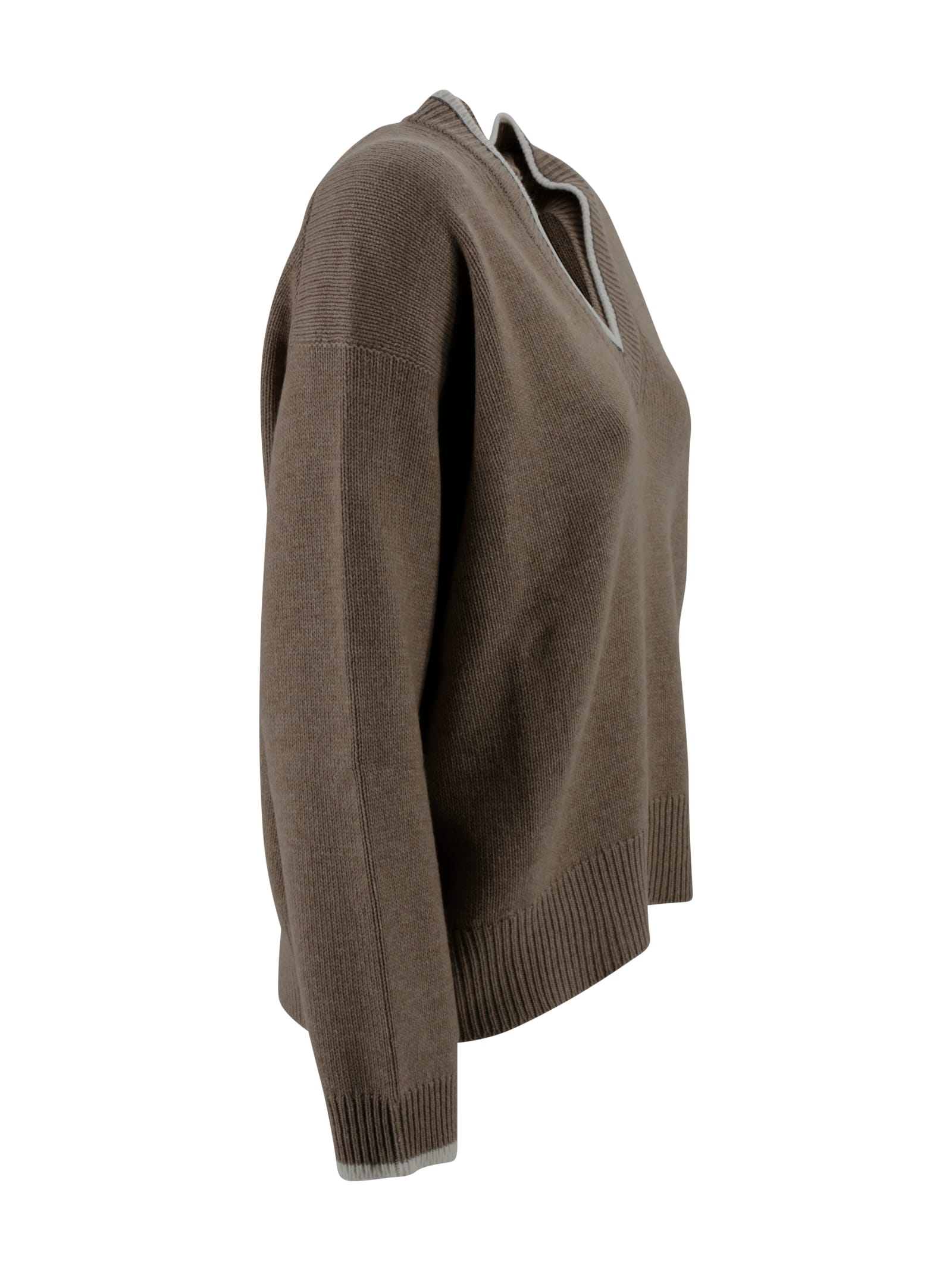 Brunello Cucinelli Ribbed V-neck Top Contrast Trim In Brown