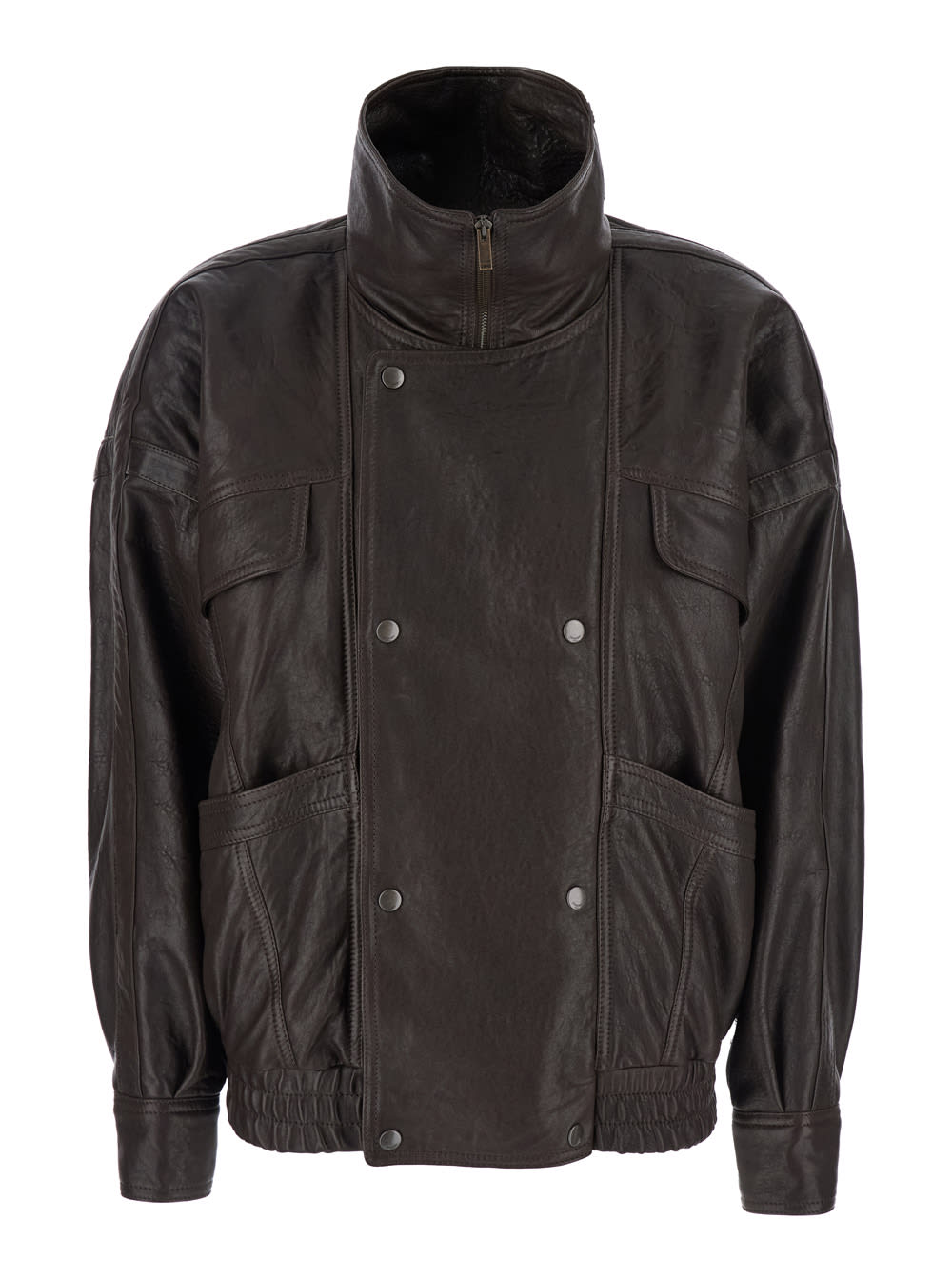 Saint Laurent Brown Bomber Jacket With Mandarin Collar And Elastic Waist In Leather Woman