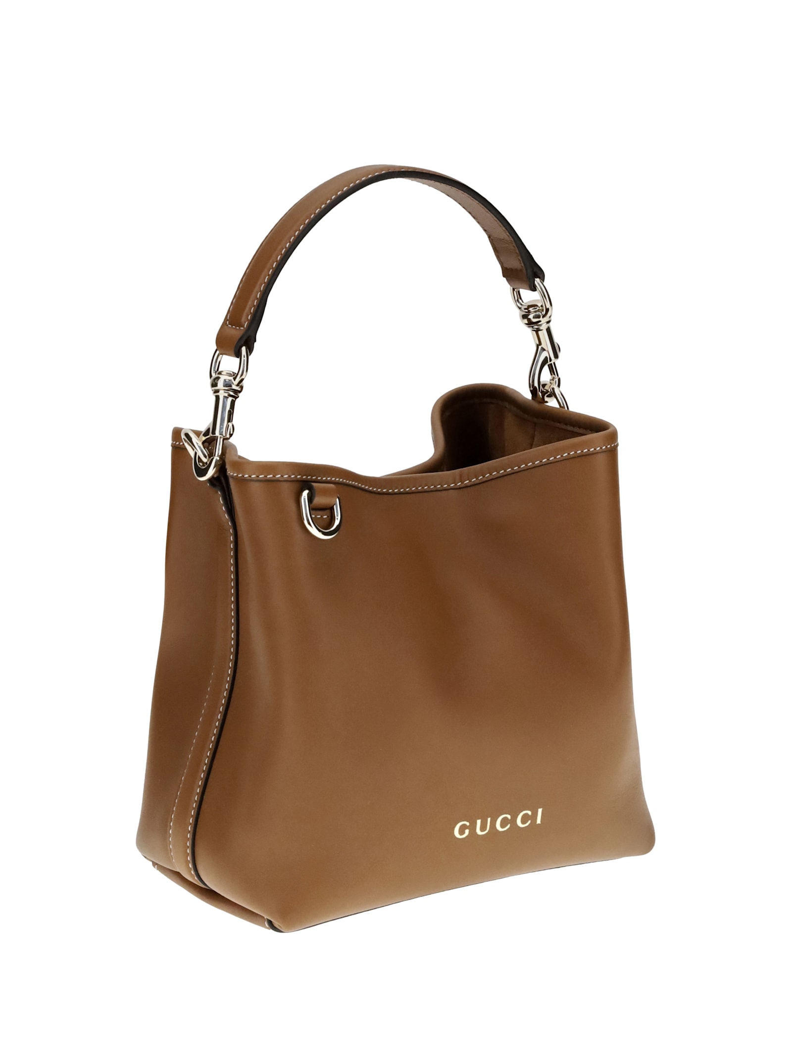 Gucci Gg Emblem Leather Bucket Bag With Frontal Logo In Brown