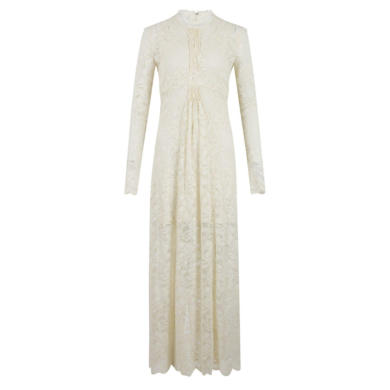 Shop Rabanne Long Sleeved Lace Maxi Dress In Ivory