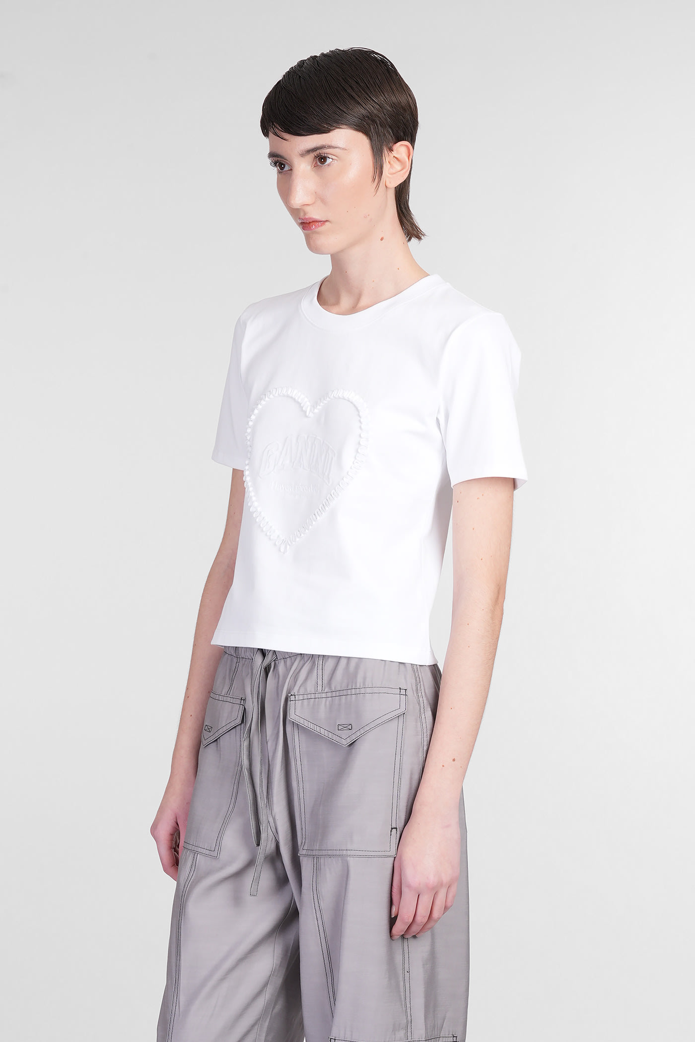 Ganni Women Heart Embroidery T-shirt In White