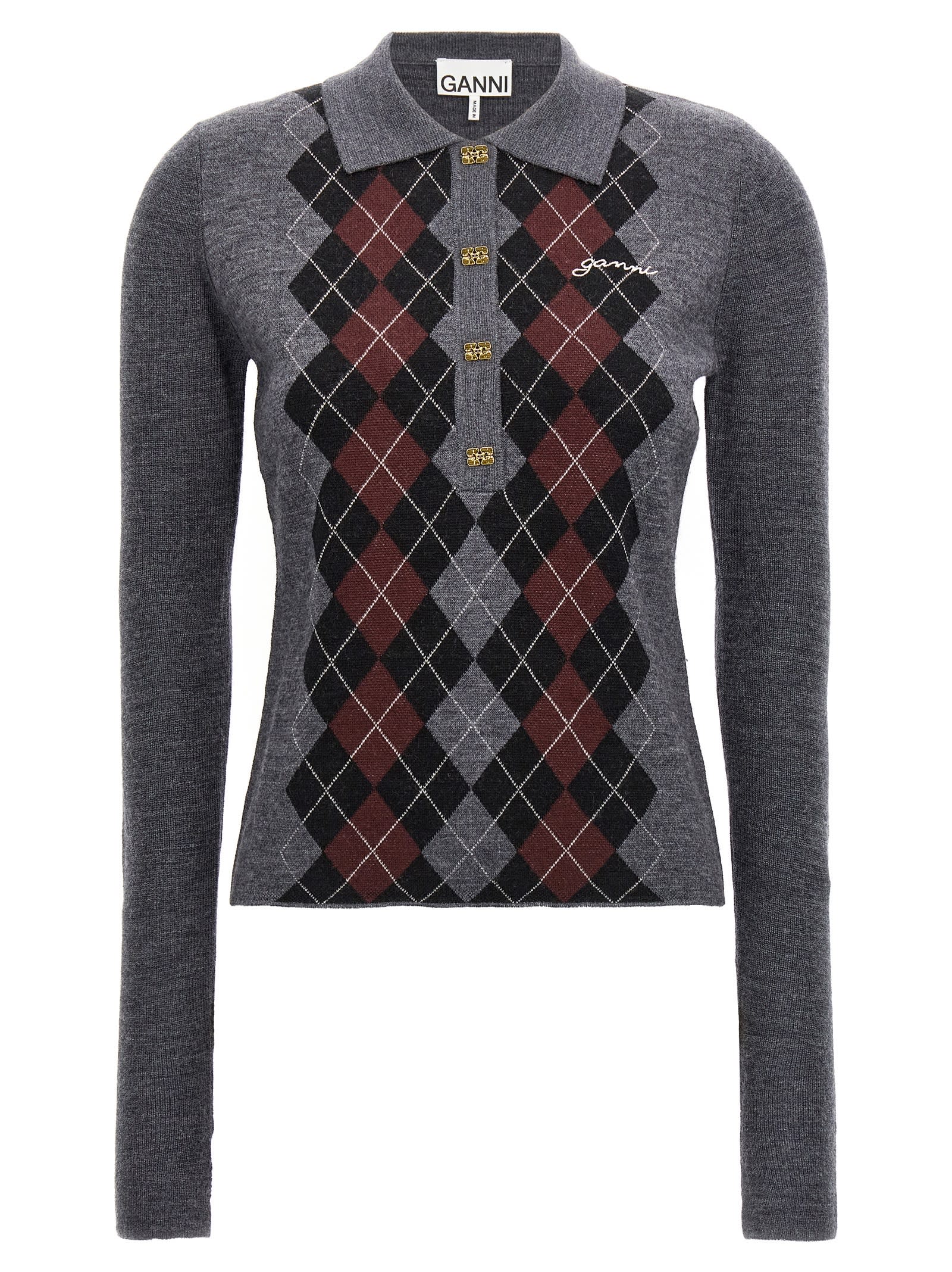 Ganni Grey Sweater With Classic Collar And Check Motif On The Front In Wool Woman In Gray