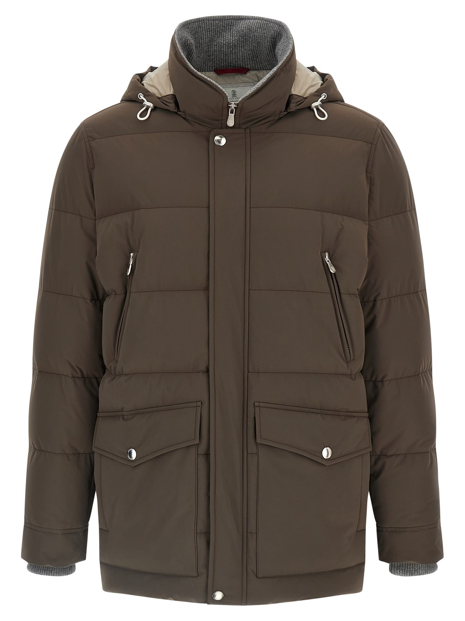 Brunello Cucinelli Knit Insert Down Jacket Puffer Jackets Brown In Brown