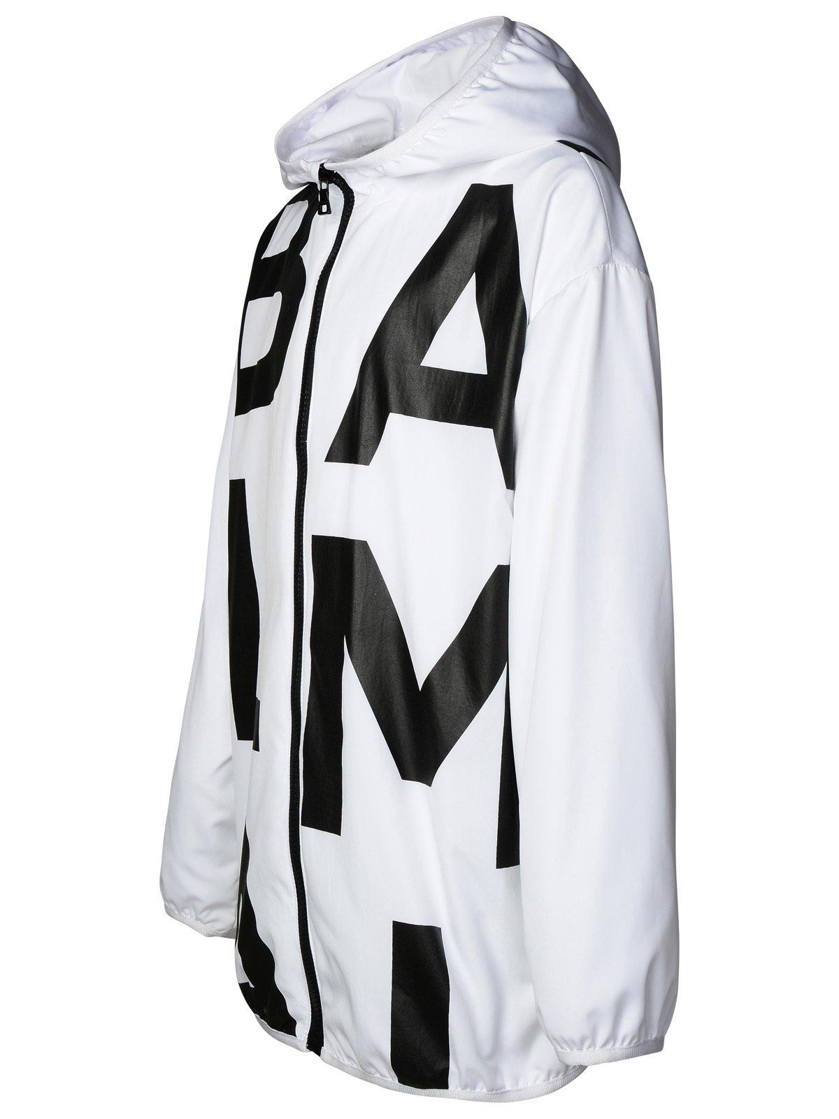 Shop Balmain Logo Printed Hooded Jacket In White/black