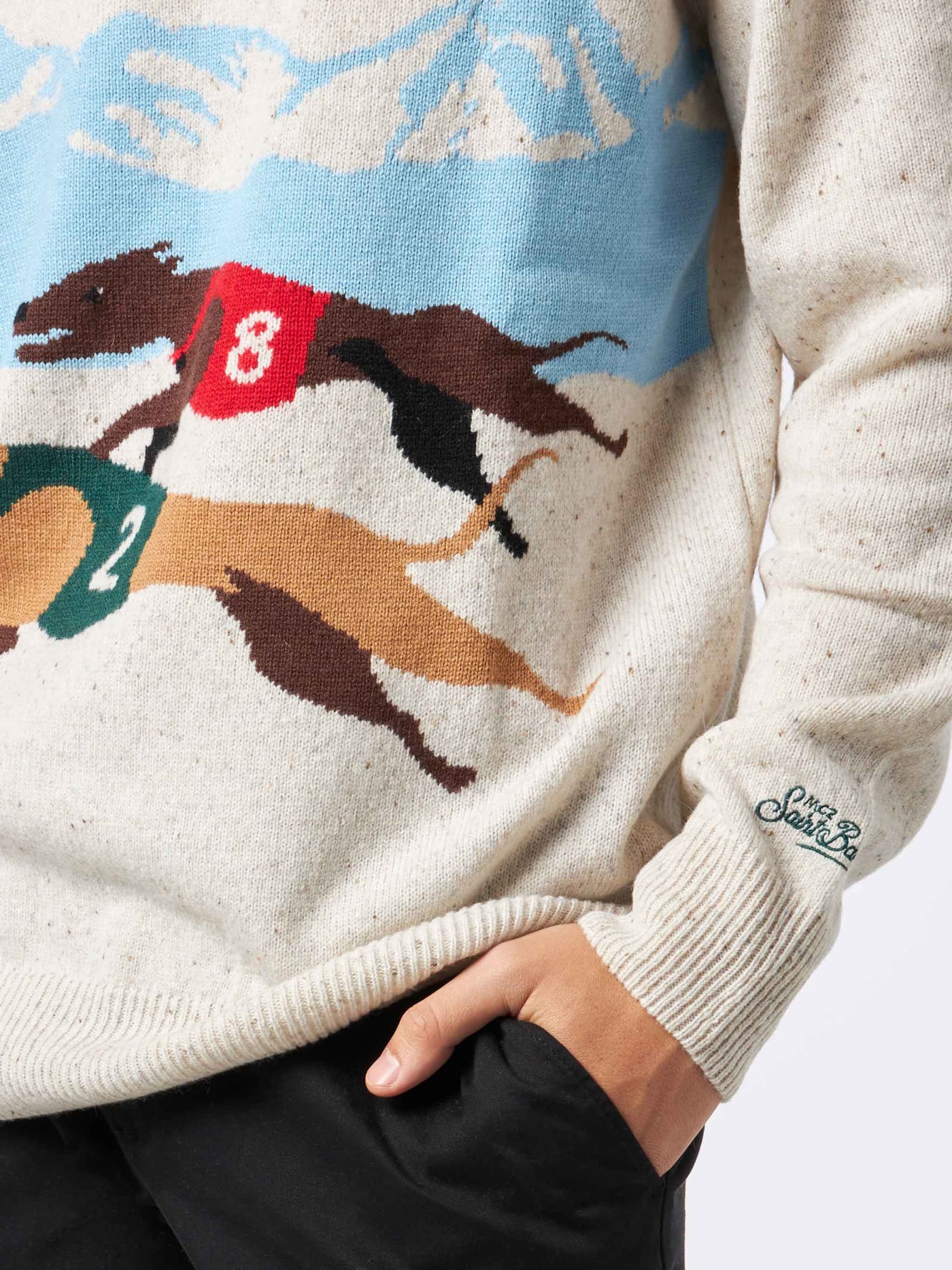 Shop Mc2 Saint Barth Man Crewneck Donegal Sweater With St. Moritz Polo Print In White