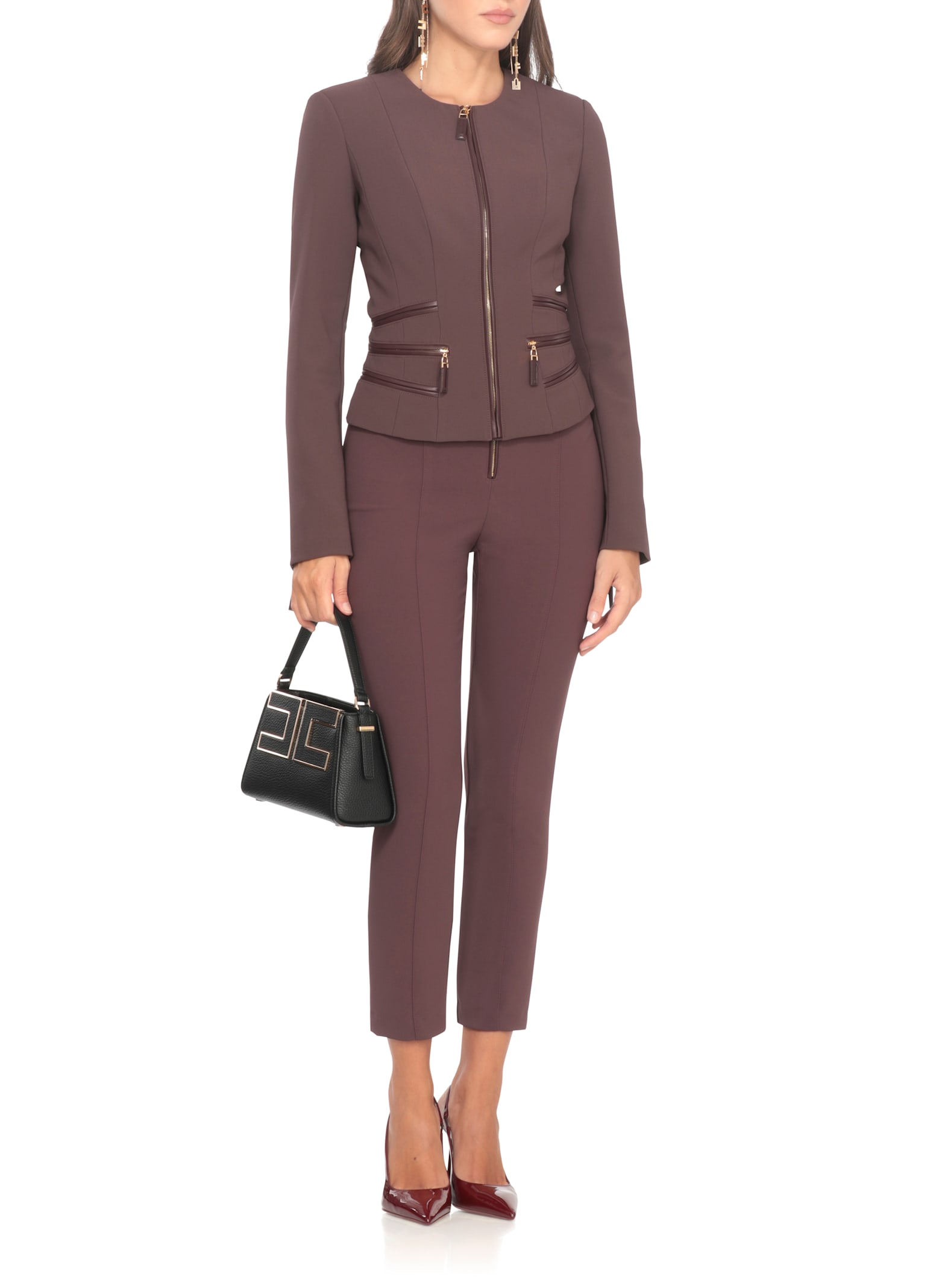 Elisabetta Franchi Structured Blazer With Front Zip And Long Sleeves In Brown