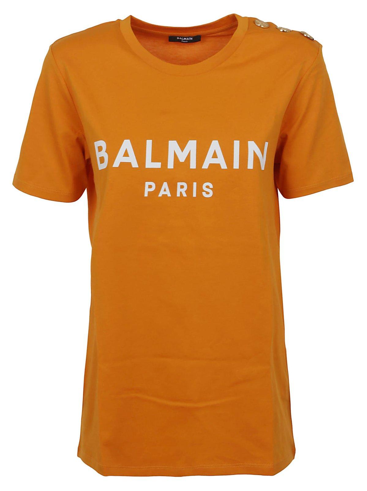 Balmain Logo Print Embellished T-shirt In Orange Vif/blanc
