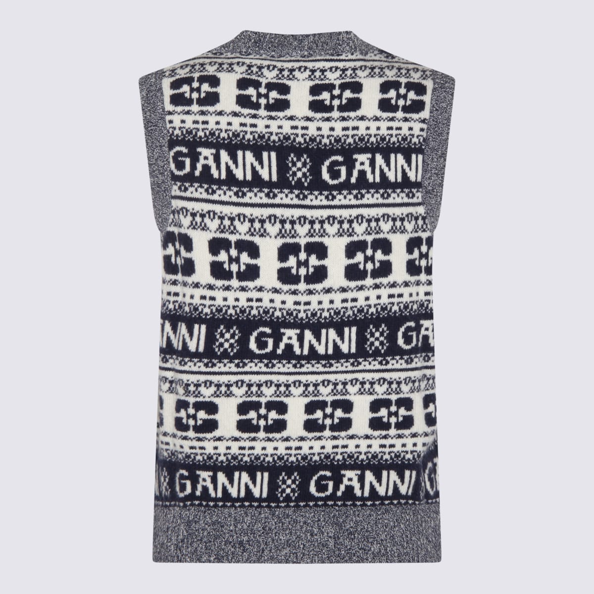 Shop Ganni Navy Blue And White Wool Blend Jumper In Sky Captain