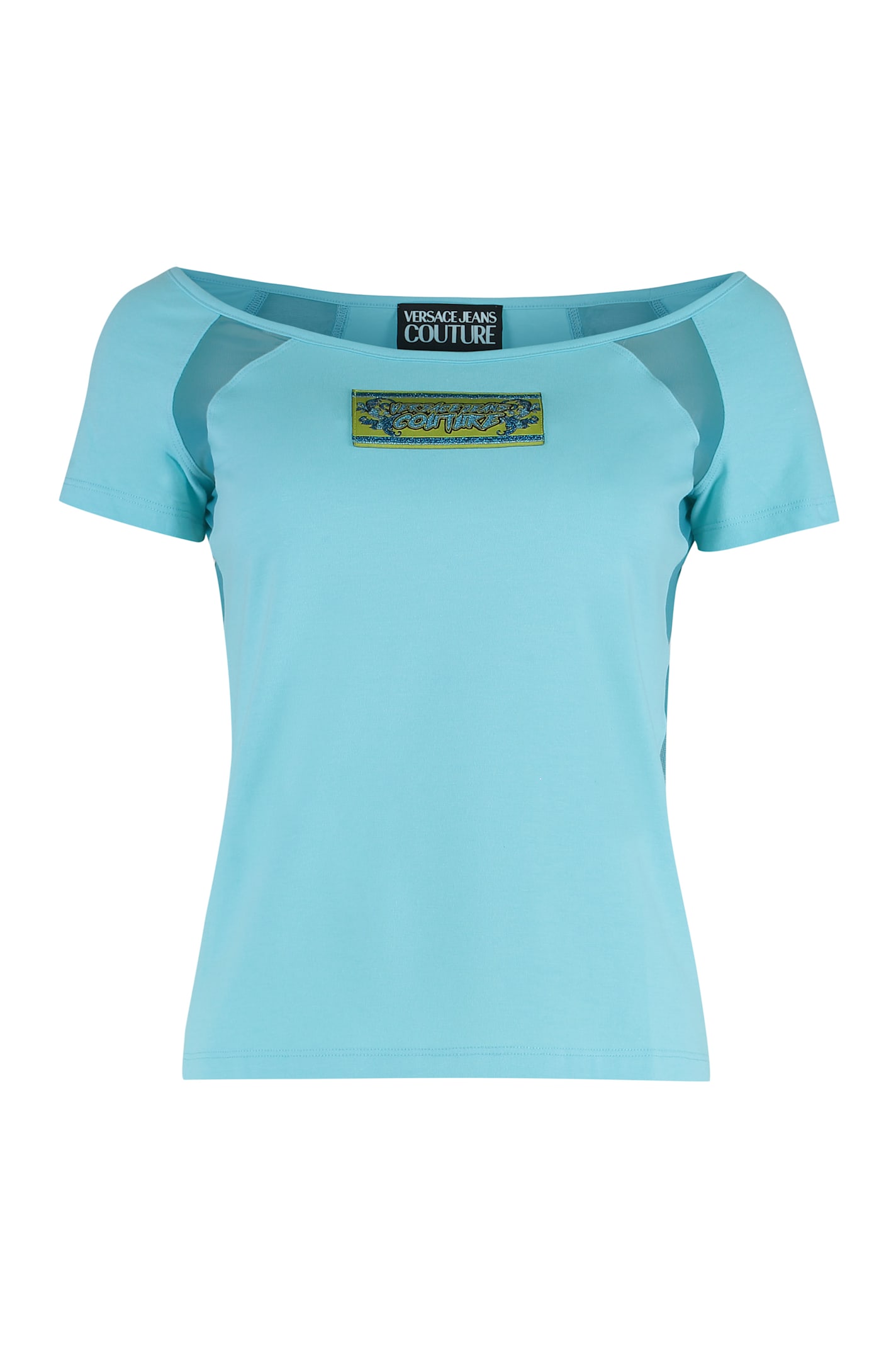 Versace Jeans Couture Cotton Logo T-shirt With Tulle And Mesh In Blue