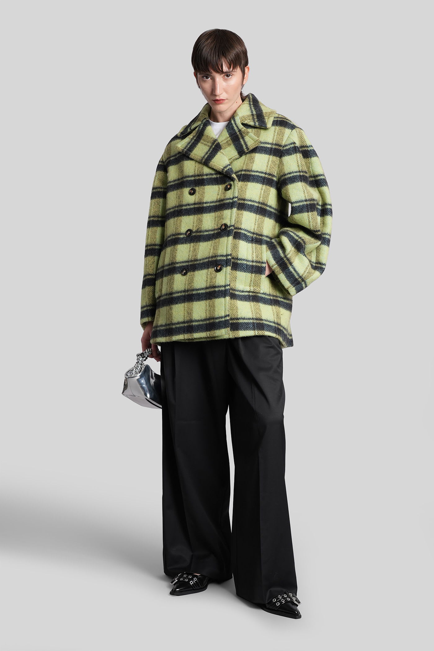 Ganni Oversized Double-breasted Checked Brushed-wool Coat In Green