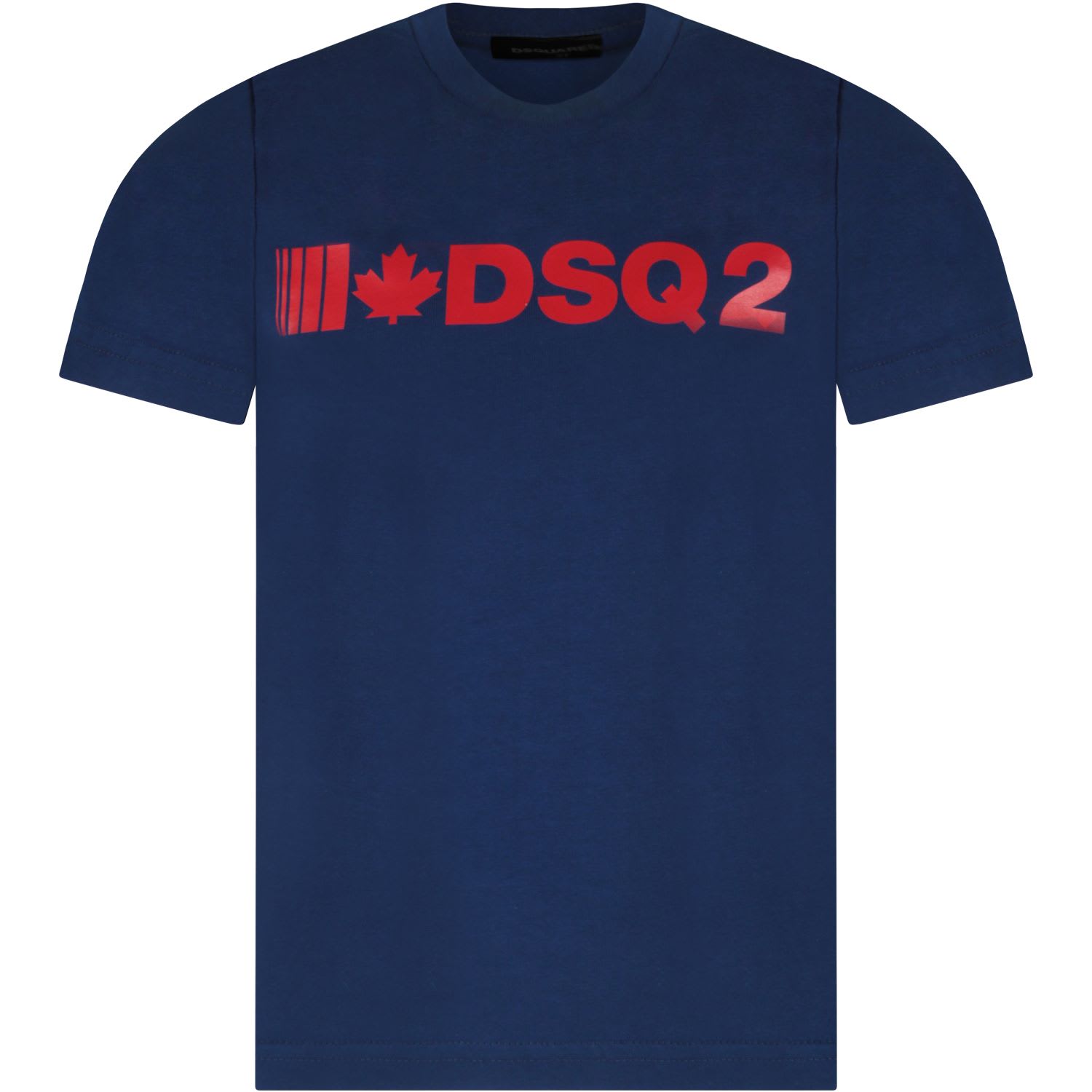 Dsquared2 Blue T-shirt For Boy With Red Logo And Maple Leaf
