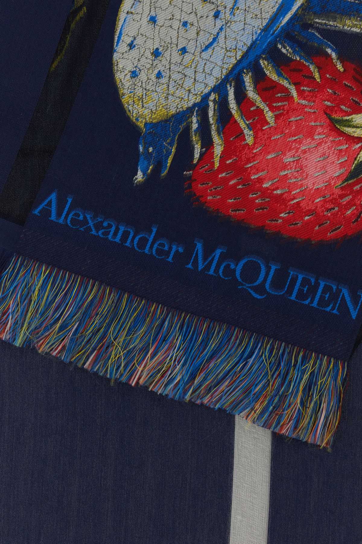 Shop Alexander Mcqueen Embroidered Silk Blend Scarf In Navy/red