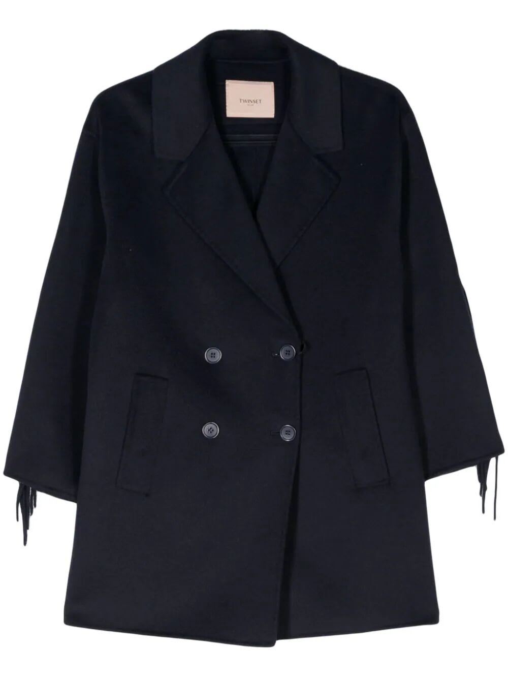Shop Twinset Double Breasted Coat In Mid Blue