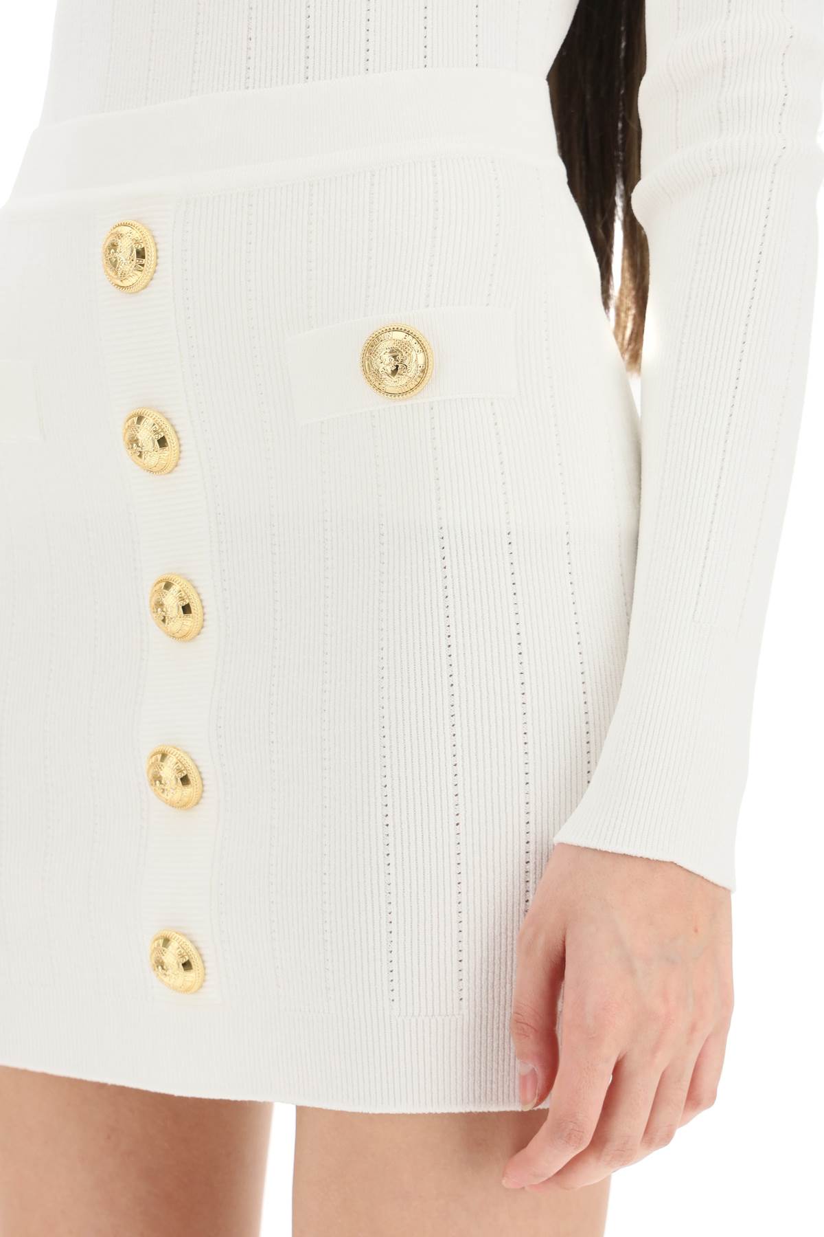 Shop Balmain Knit Mini Skirt With Embossed Buttons In Bianco