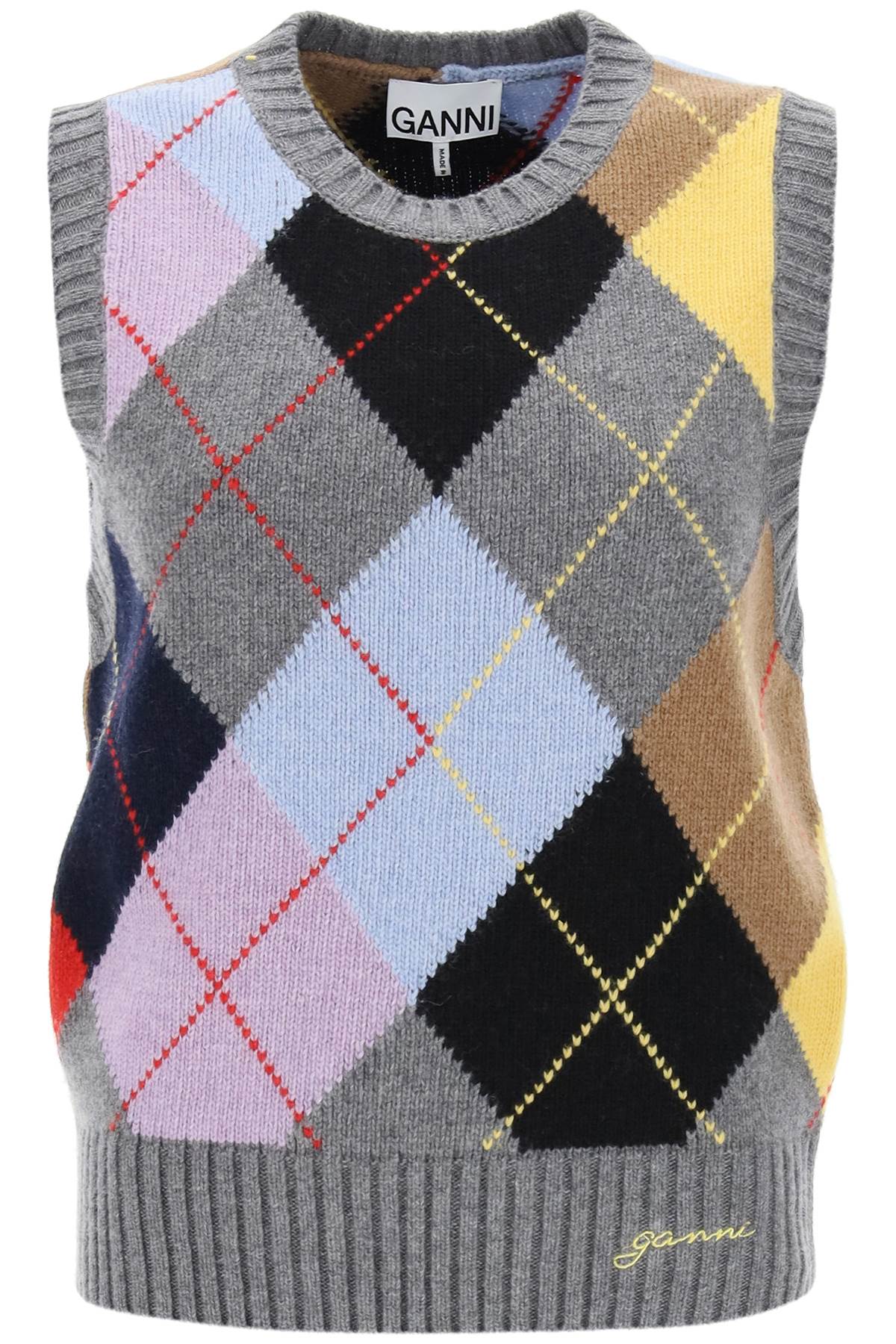 Shop Ganni Wool Vest With Argyle Pattern In Frost Gray