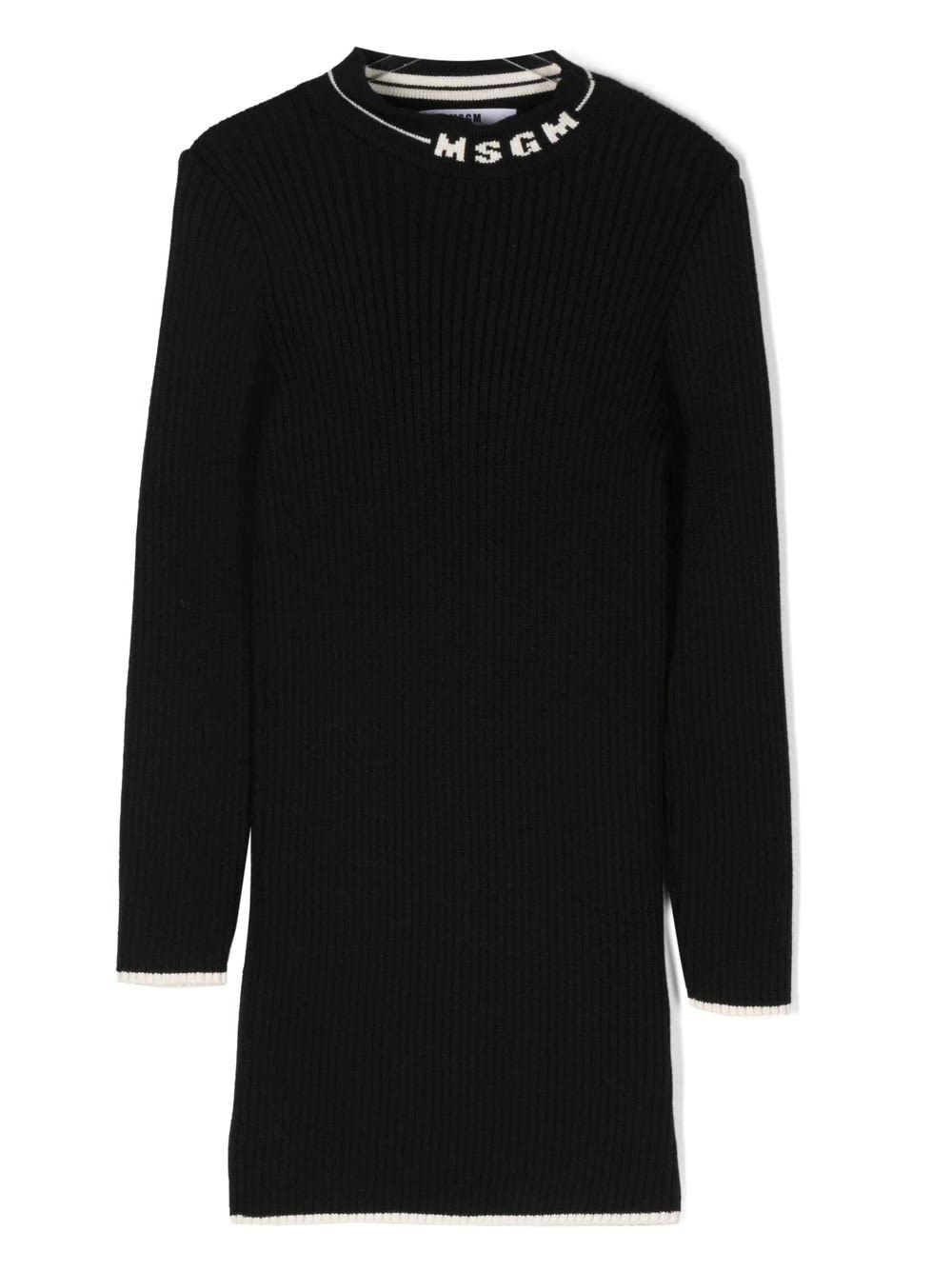 MSGM Kids Black Ribbed Dress With Logo On The Neck