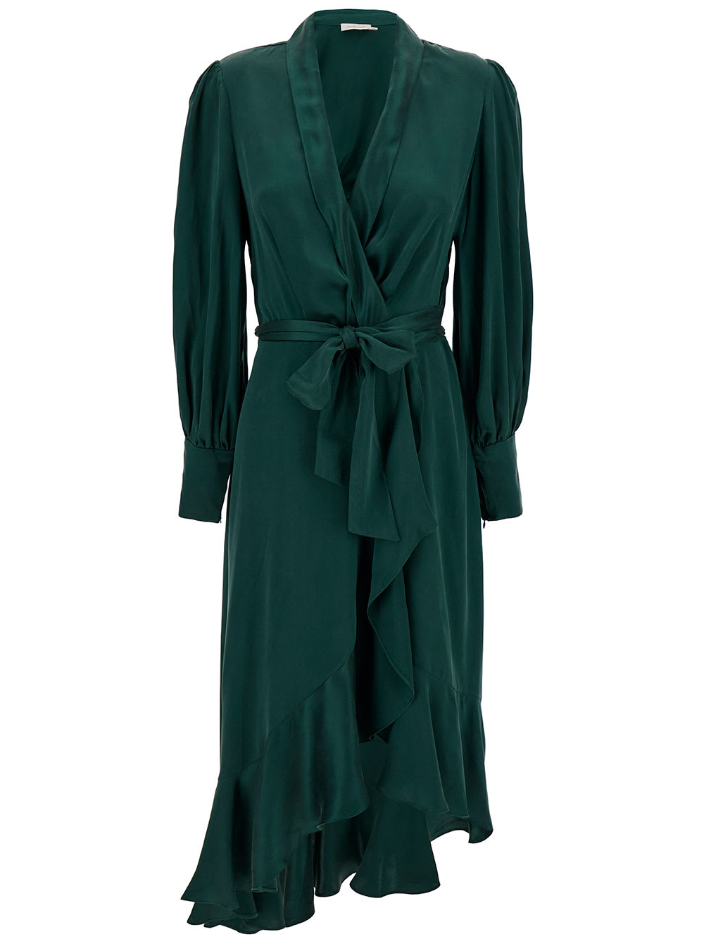 Shop Zimmermann Midi Asymmetric Green Dress With Belt In Silk Woman